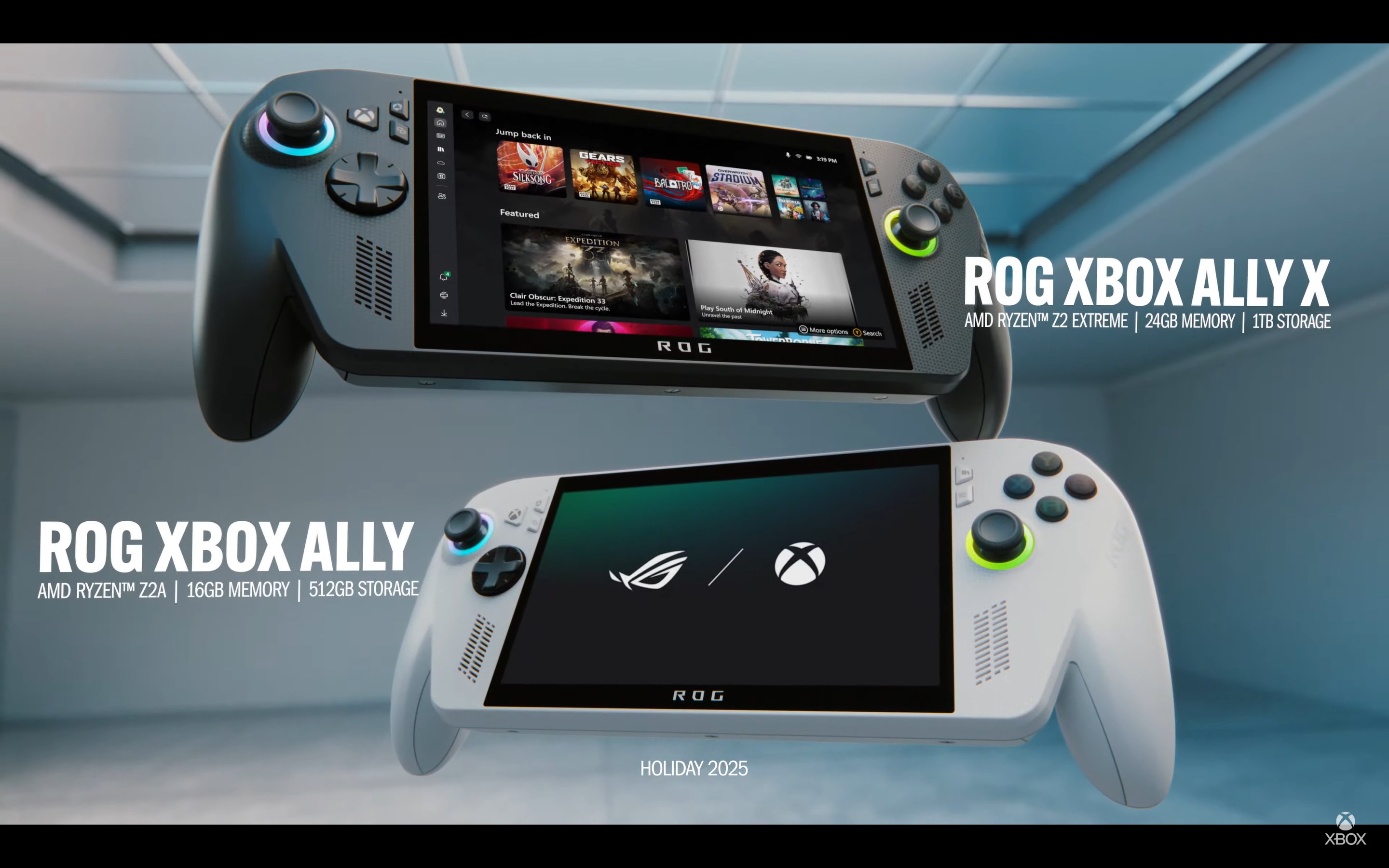 An ROG Xbox Ally X and Ally shown during Microsoft's Xbox stream in June 2025.