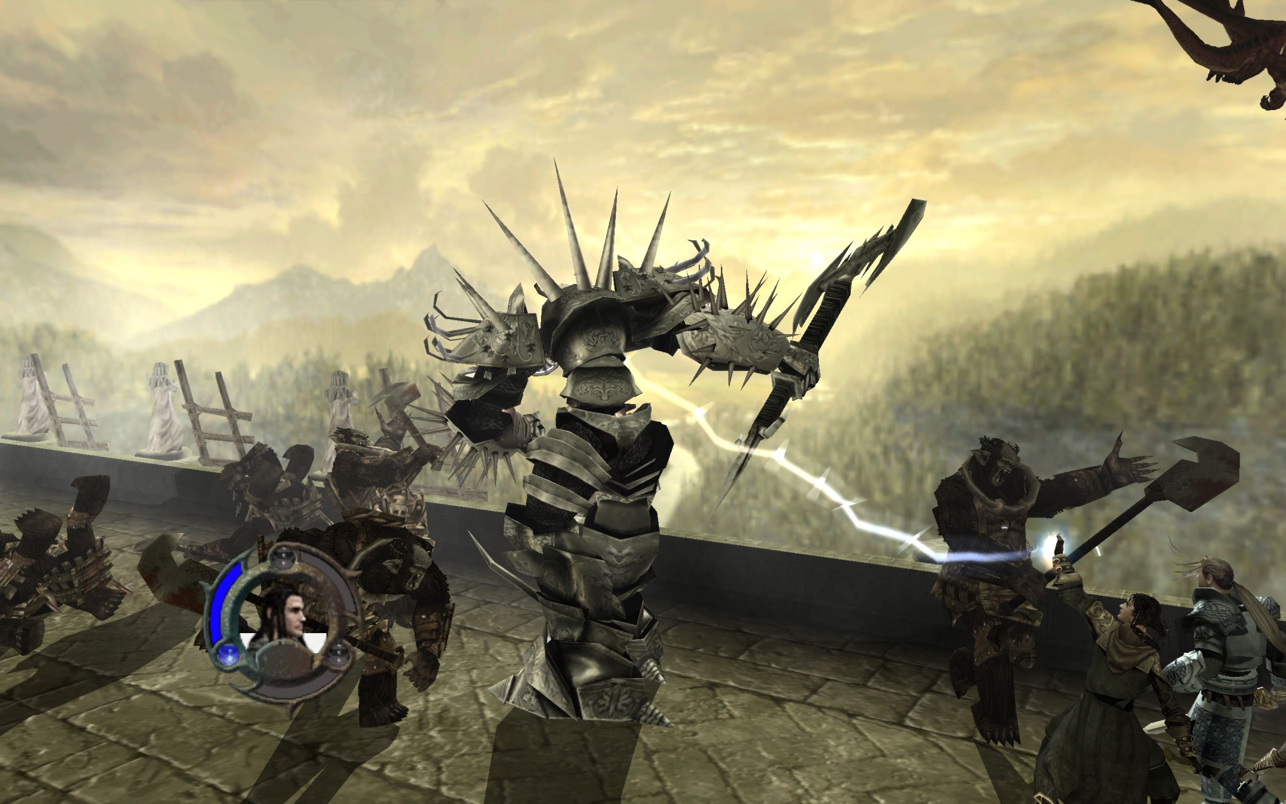 A wizard controls a steel guardian to fight across a bridge