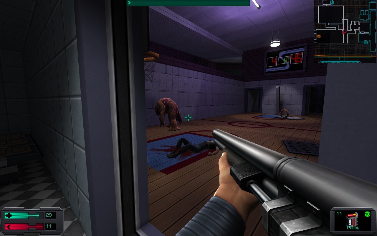 Basketball court with monster visible in System Shock 2