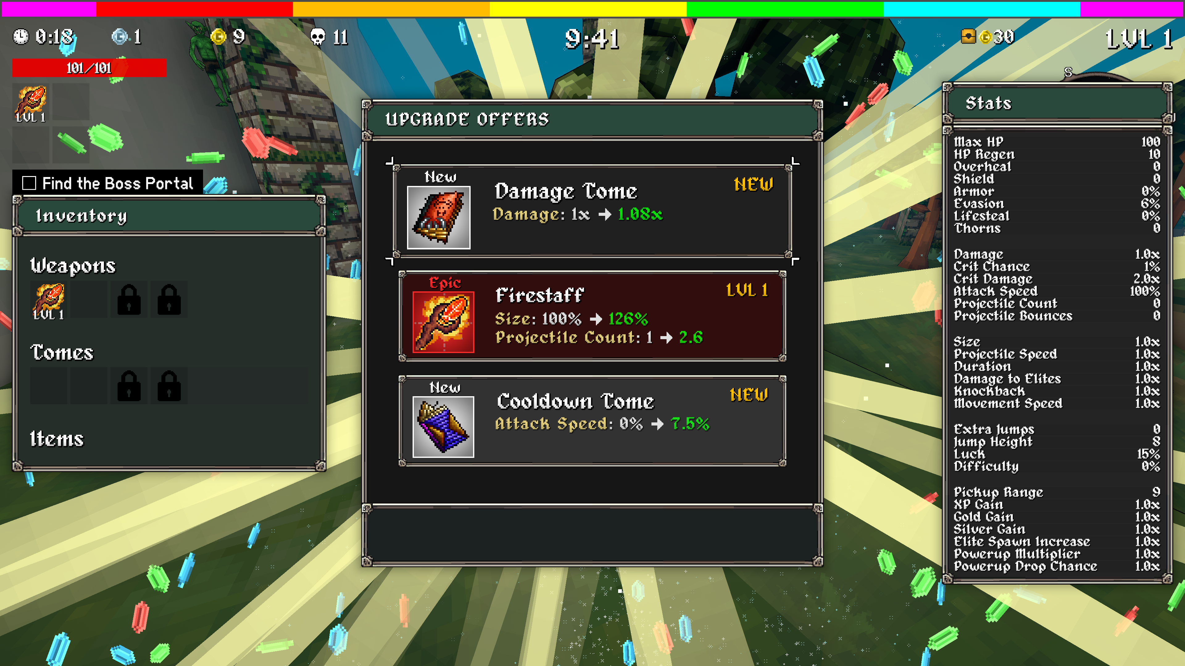 A screenshot of Megabonk. A selection of item upgrades sit in the middle of the screen and are backed by bright rays of light.