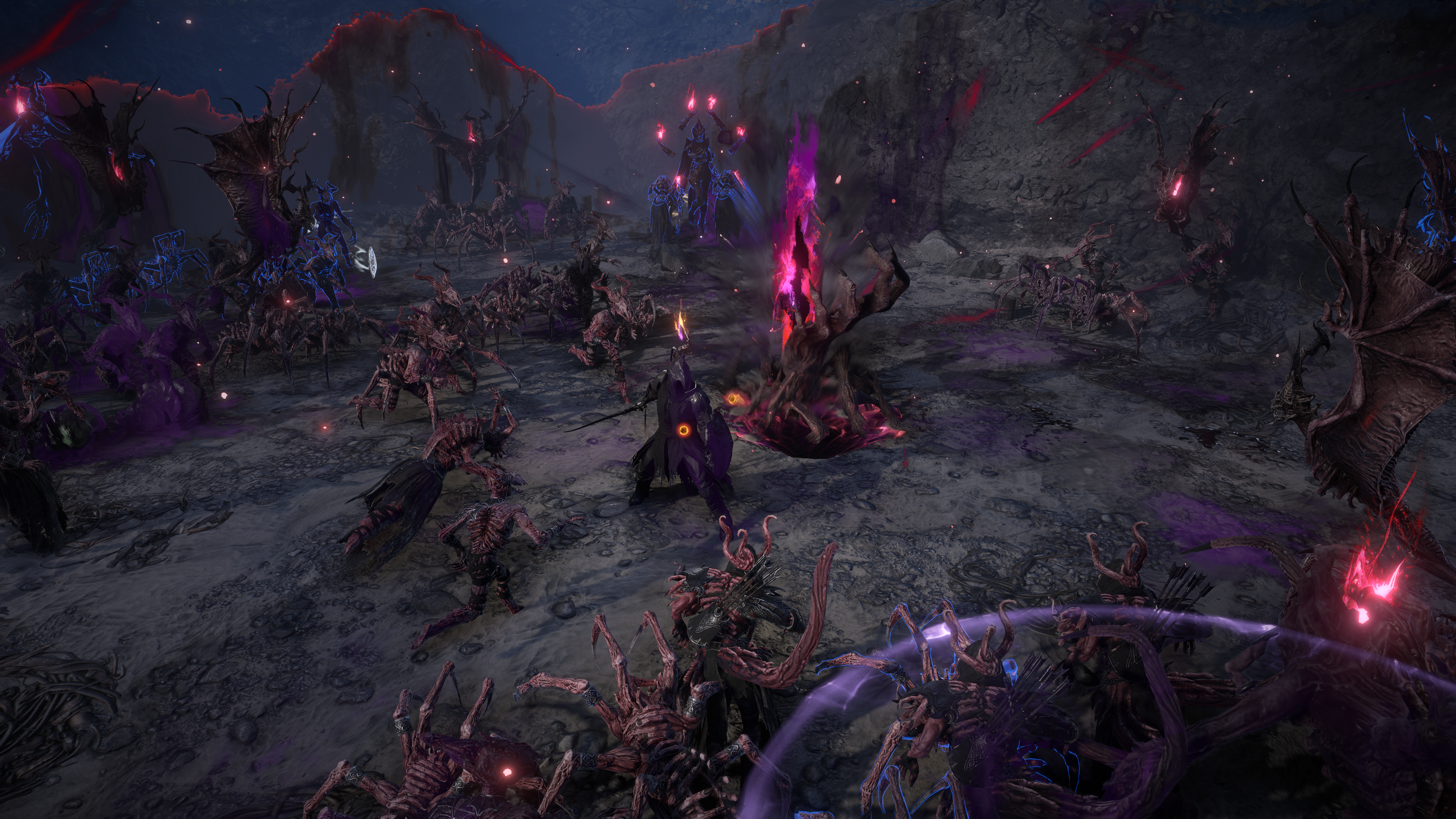 A promotional screenshot of Path of Exile expansion Keepers of the Flame. A player character stands in the middle of a battlefield full of twisted breach monsters.