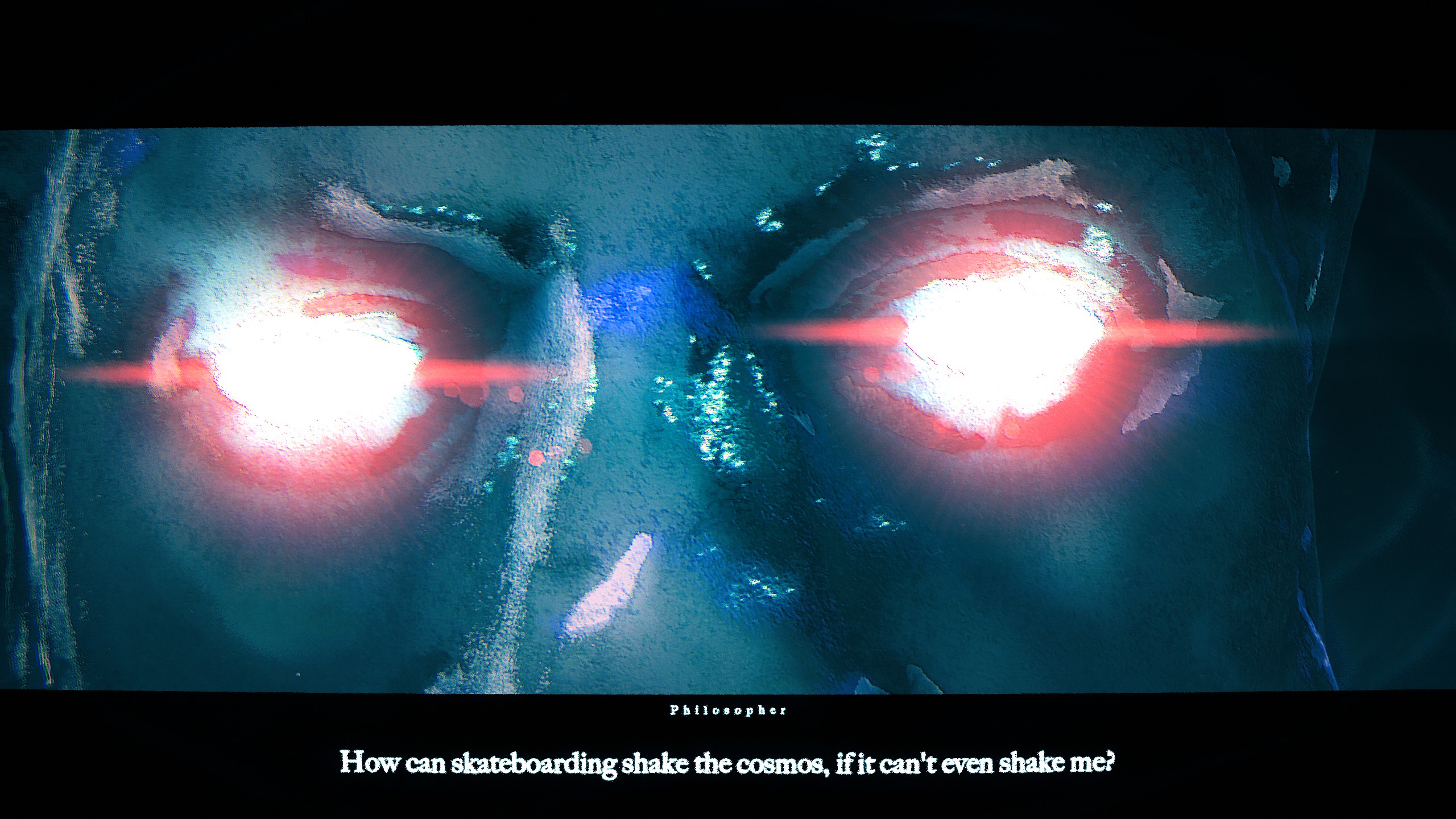 Skate story close up of glowing red eyes with subtitle 