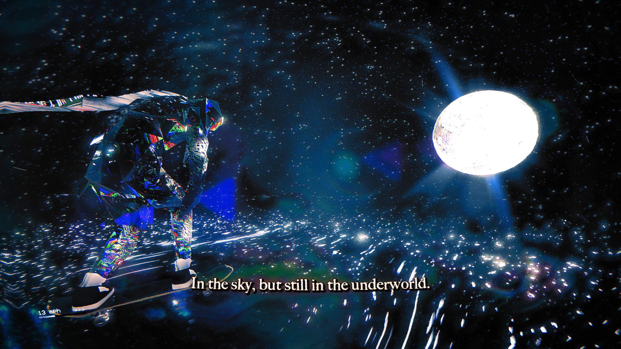 Skate story riding by moon with sparks on ground subtitle 