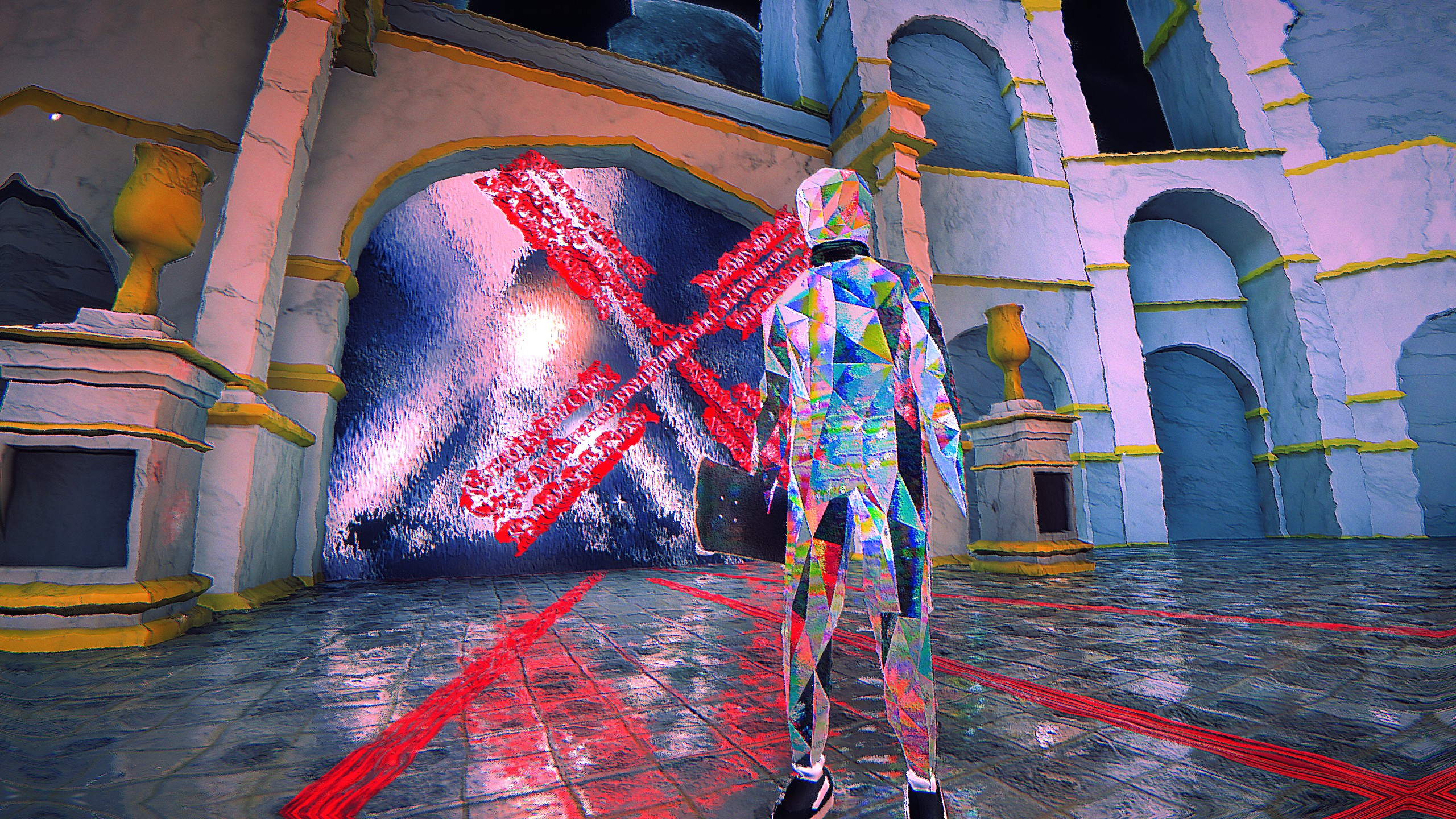 Skate Story crystal person standing in arched room with x over gate