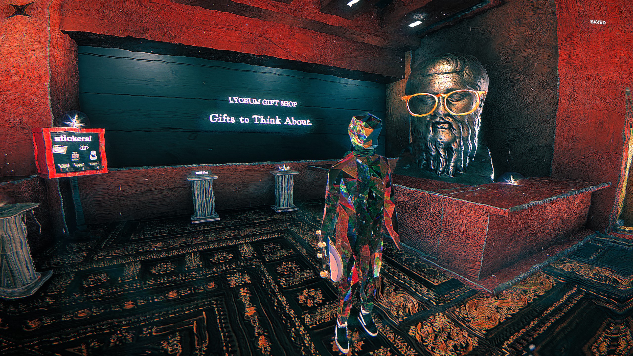 Standing in gift shop in Skate Story near bust with glasses