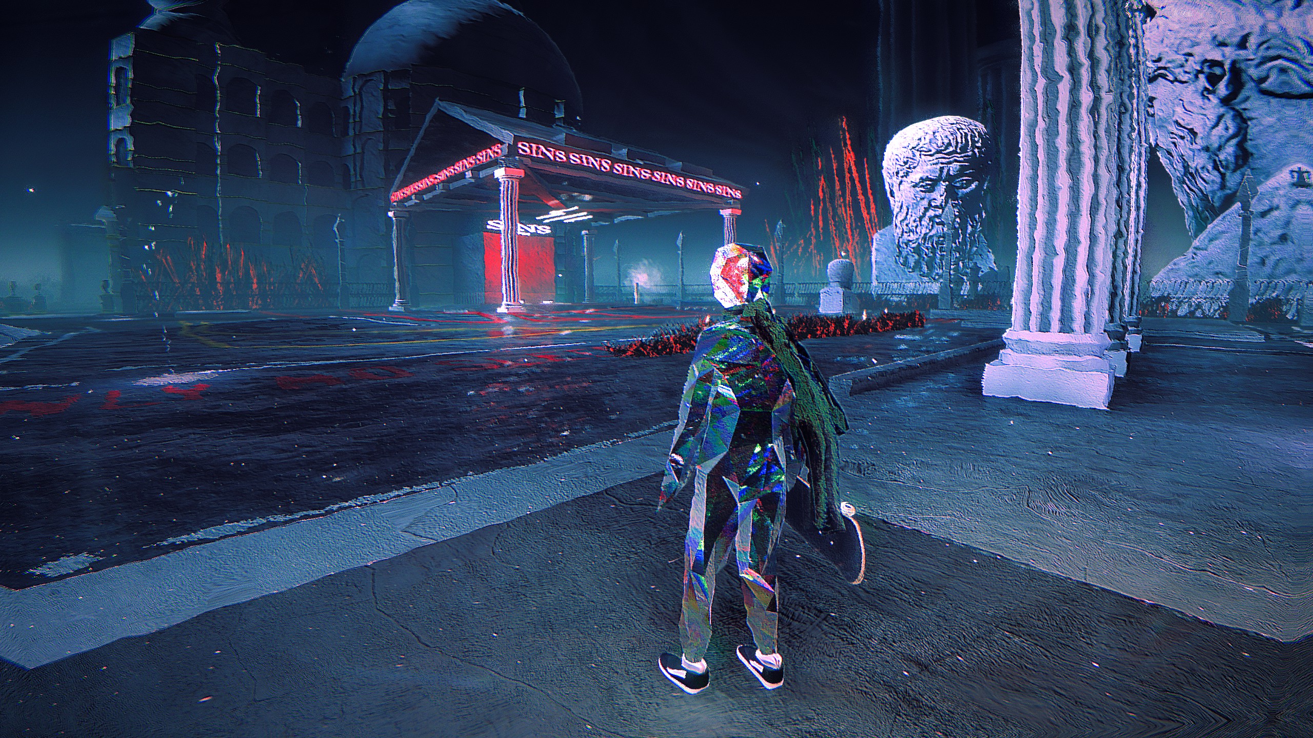 Skate Story standing looking over vaporwave field