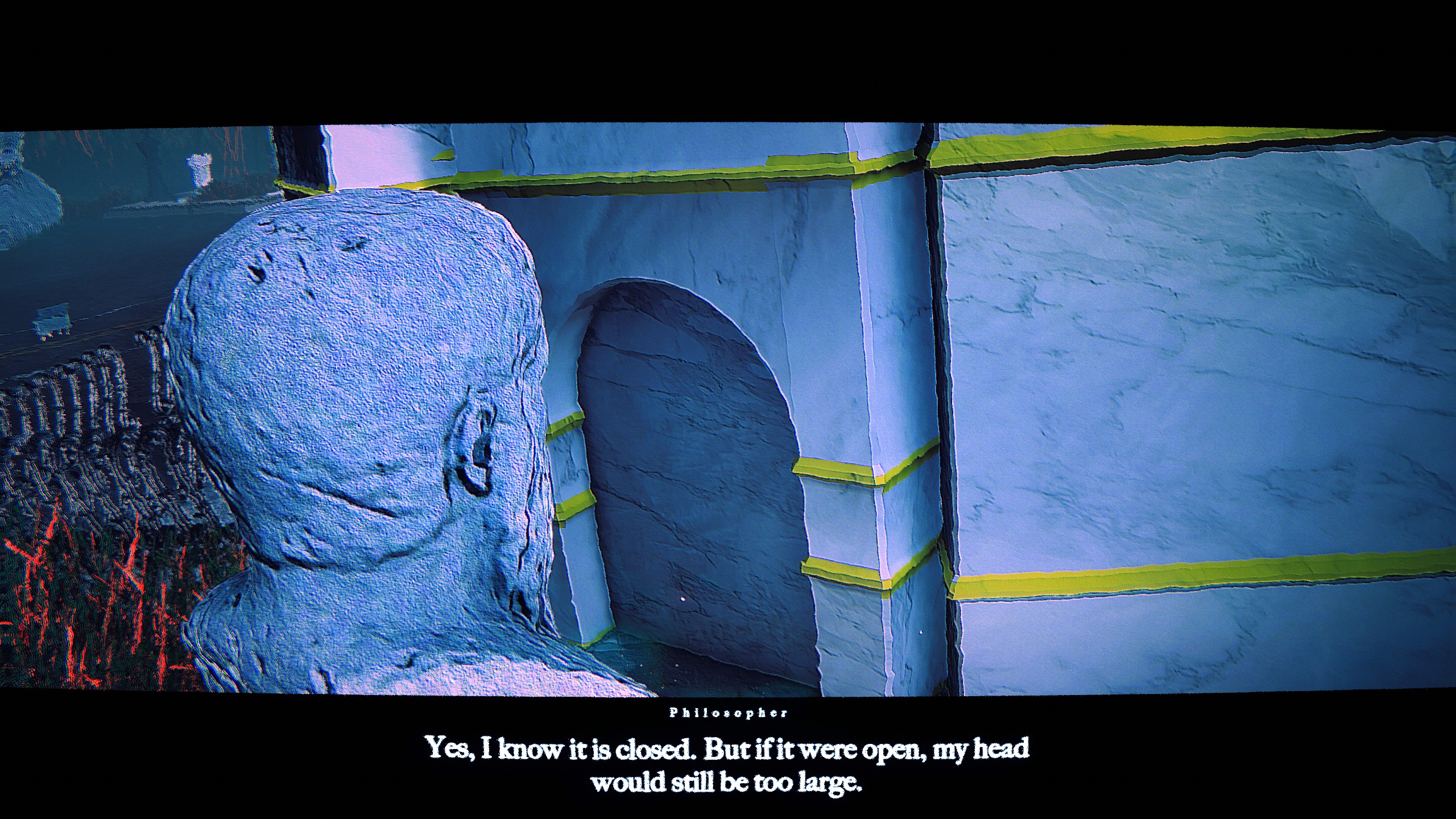 Bust looking at wall with text musing about fitting through arch in Skate story