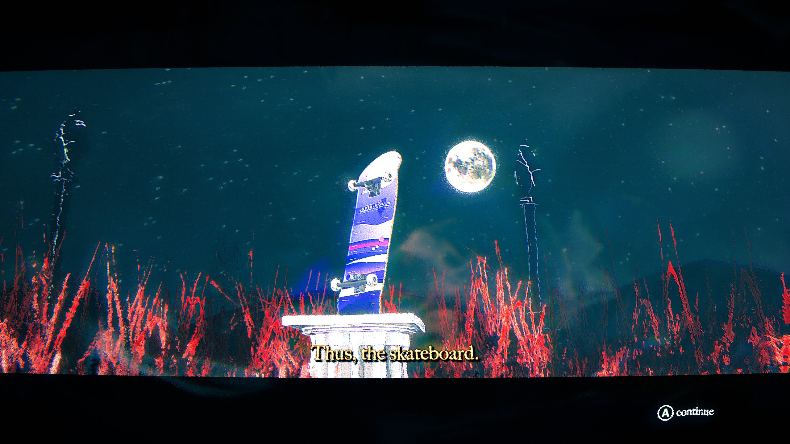 Skateboard on pedestal under moon in Skate Story with text 