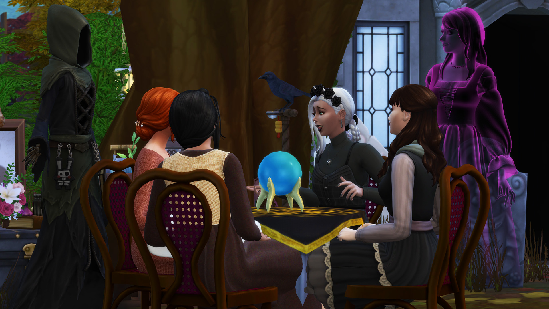 A group of four spellcaster Sims gathered around a seance table in the Adventure Awaits expansion. The Grim Reaper and a ghost Sim are also nearby watching them.