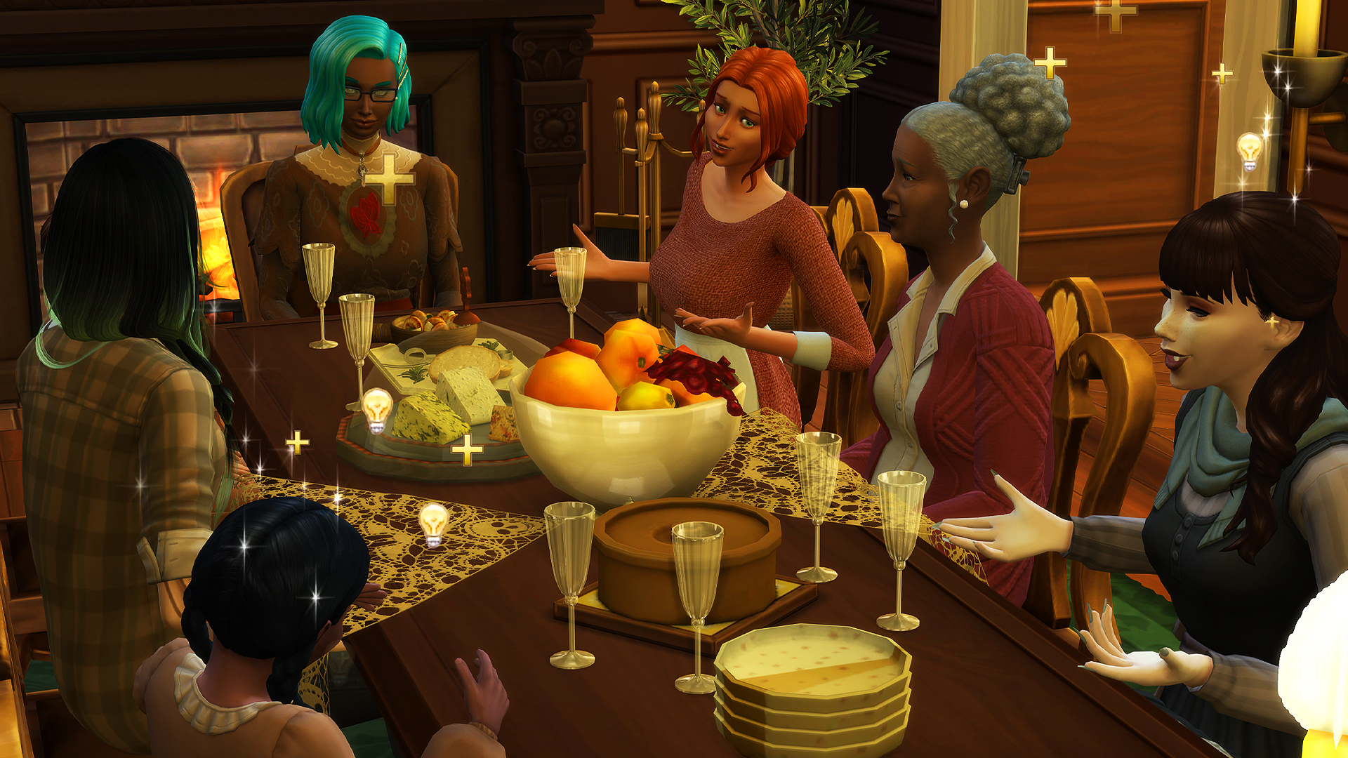 Six Sims gathered around a table in The Sims 4. Some are animated and talking while others seem tuned out.