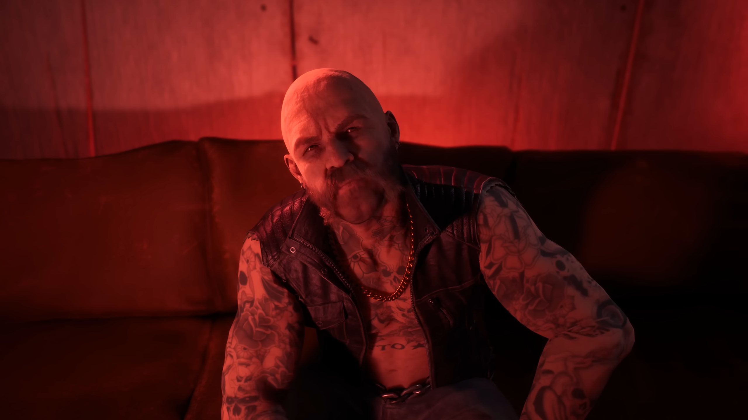 Bloodlines 2 Silky the Brujah wearing a vest and tattoos