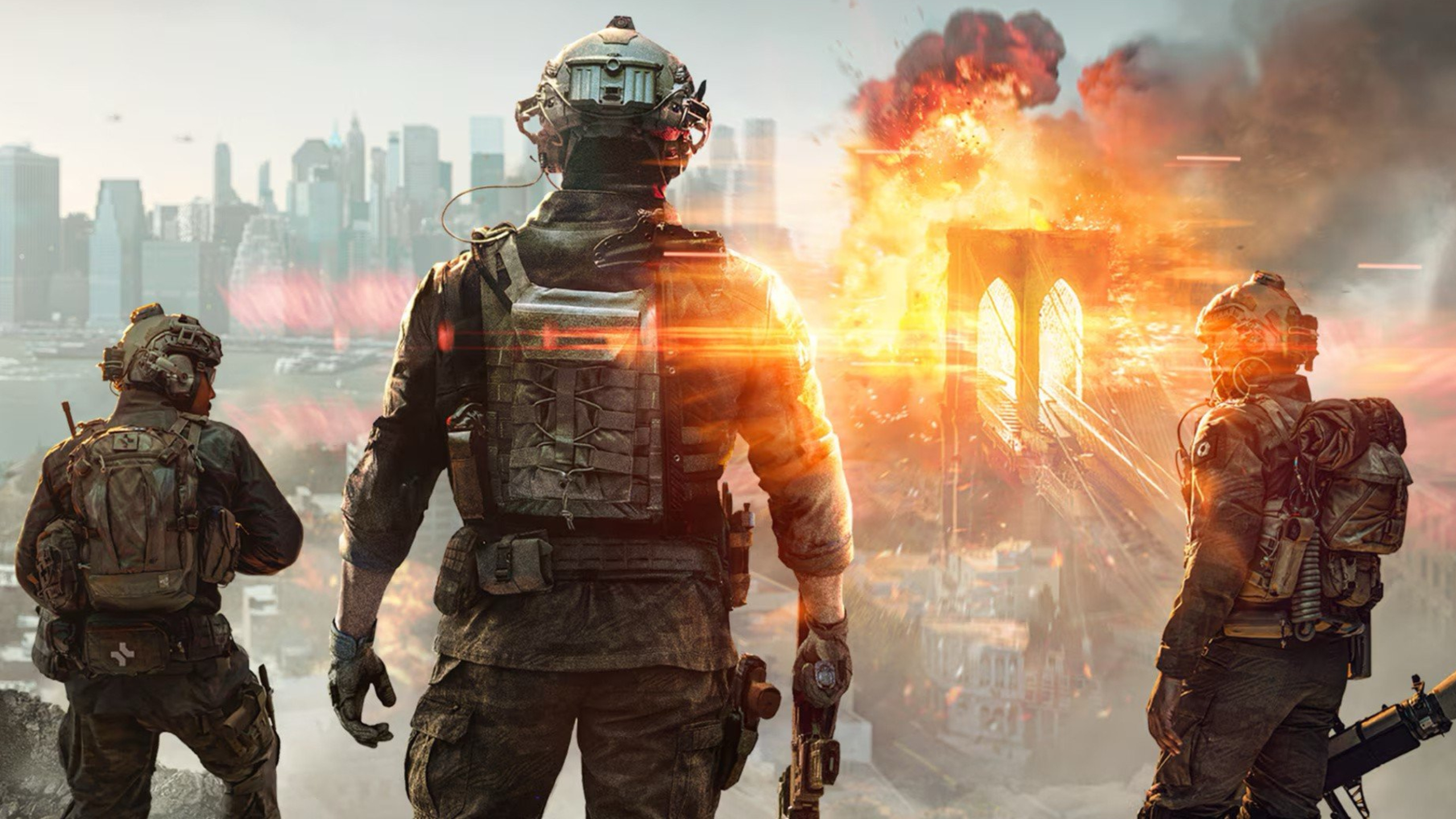 Battlefield 6 weapon handling overhaul preview: Three US soldiers facing away as the Brooklyn Bridge explodes in the distance.