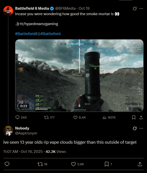 X user @Aaptronym on Battlefield 6's mortar smoke shells: 