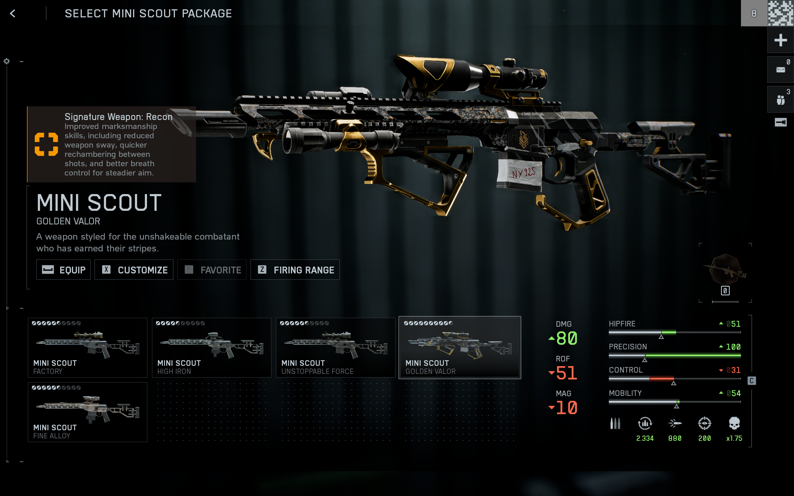 Battlefield 6 Season 1: The Mini Scout 'Golden Valor' sniper rifle in the weapon menu.