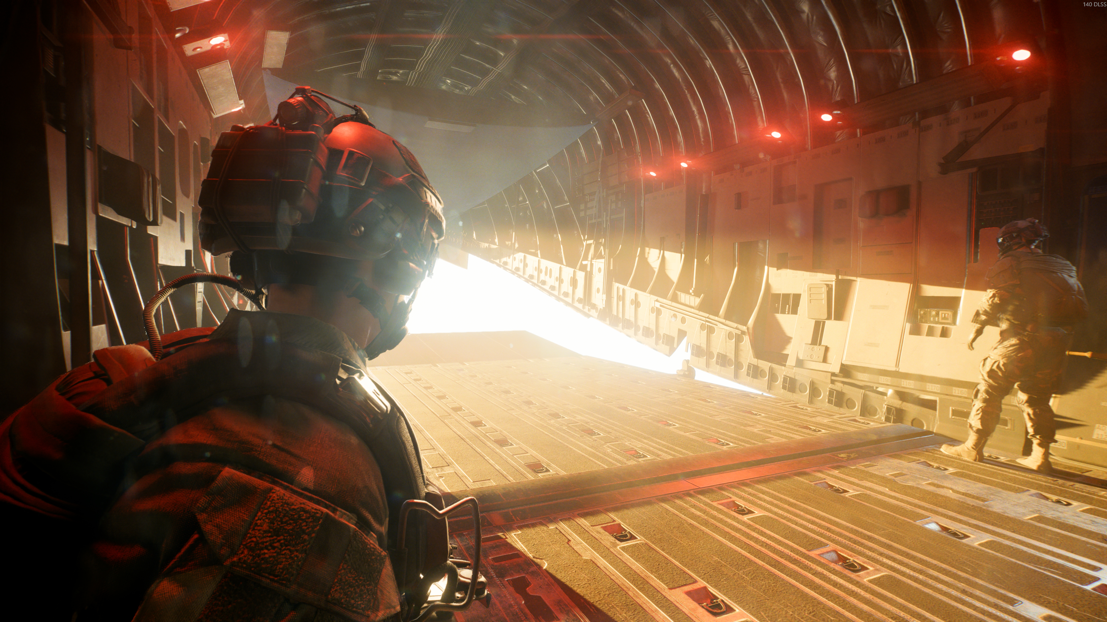 A screenshot from Battlefield 6 showing a soldier about to jump out the back of a plane