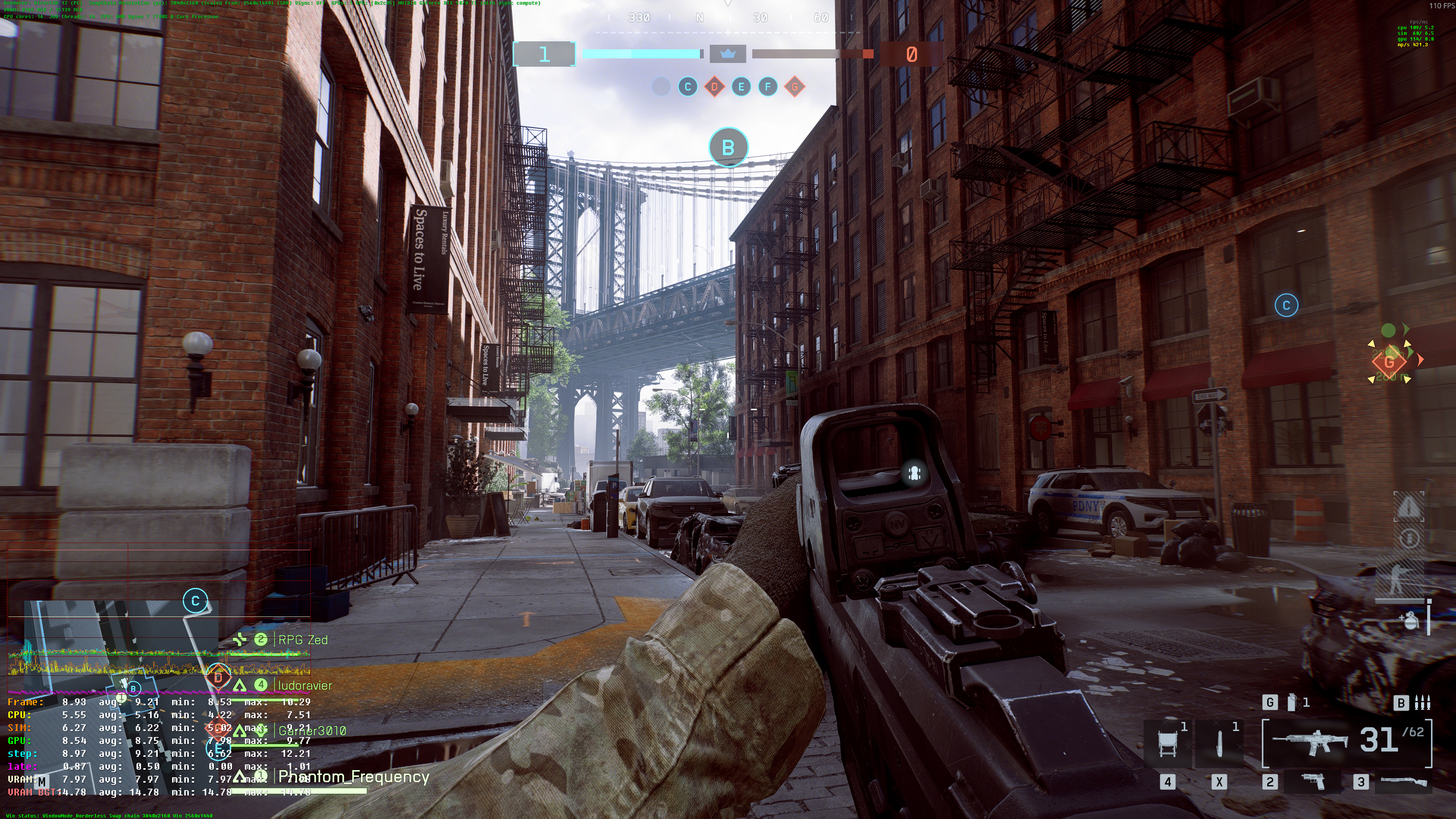 A screenshot of a street in Battlefield 6, showing the performance overlay running on top