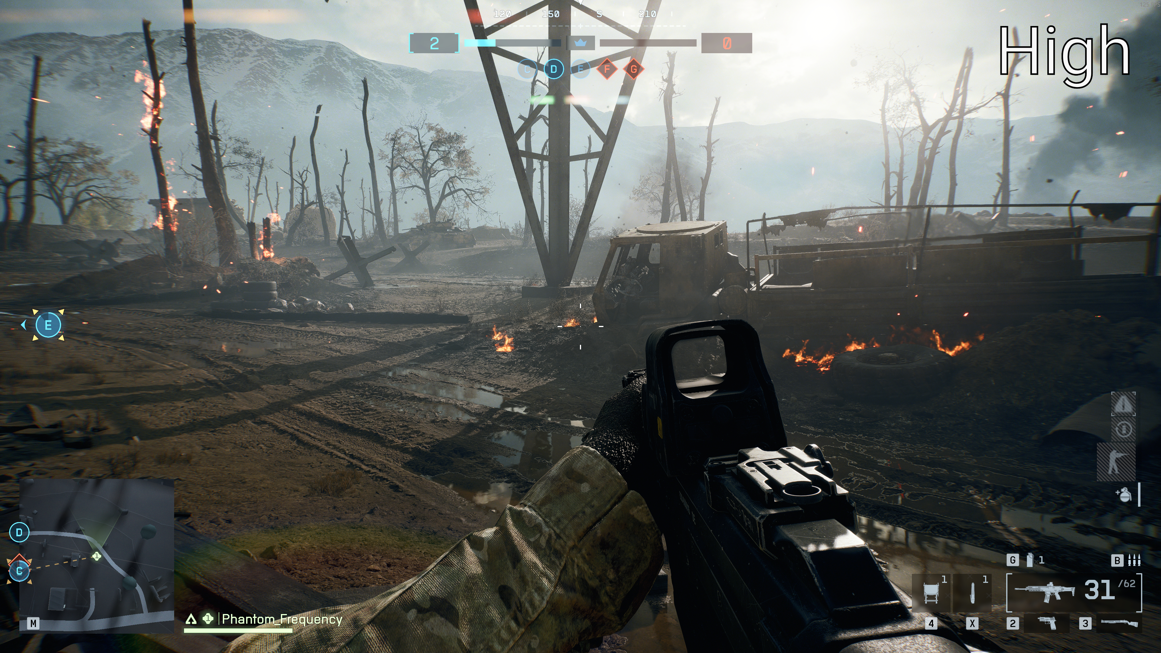 A selection of of image comparison screenshots in Battlefield 6, from Low to Overkill settings