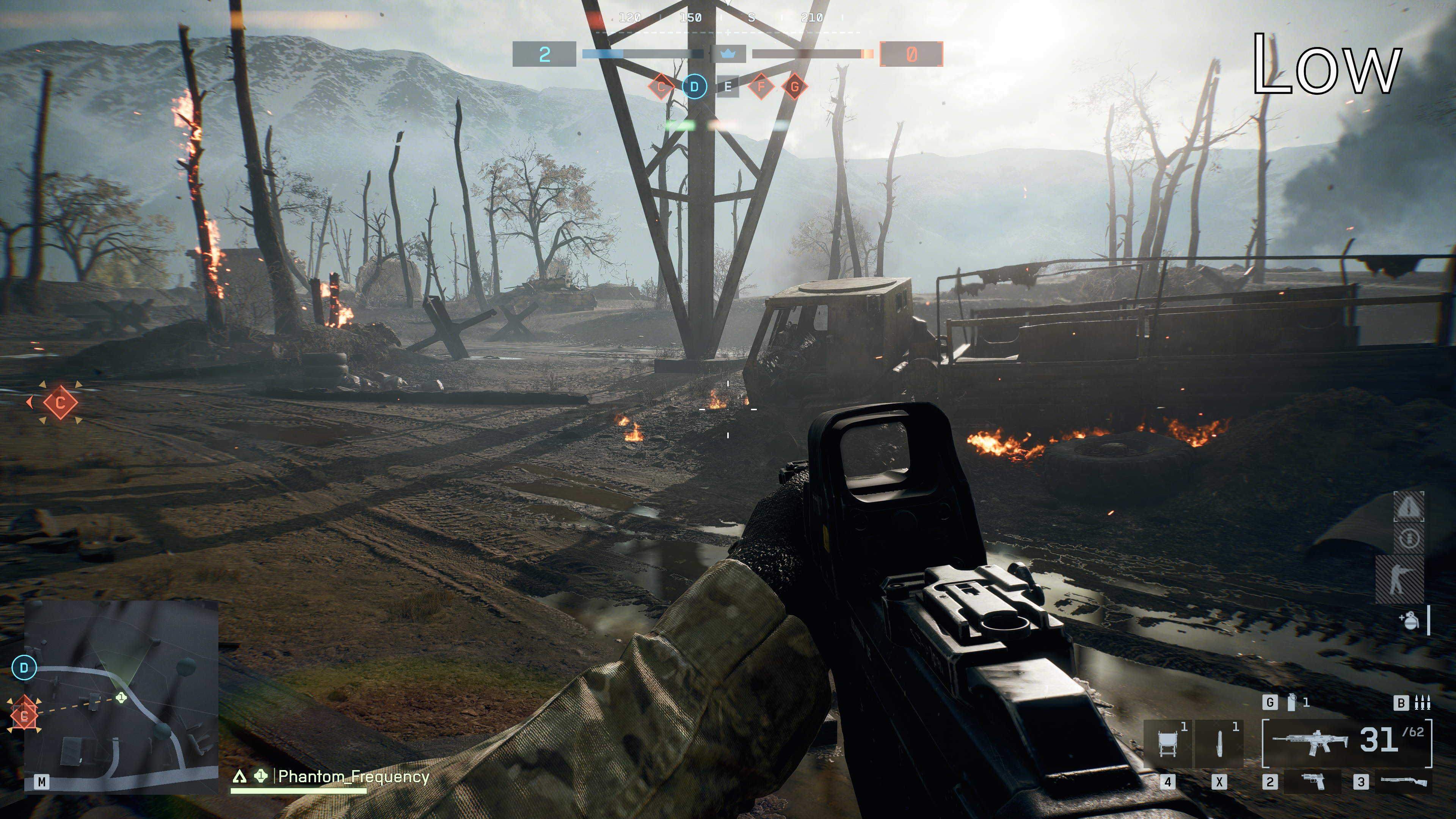 A selection of of image comparison screenshots in Battlefield 6, from Low to Overkill settings