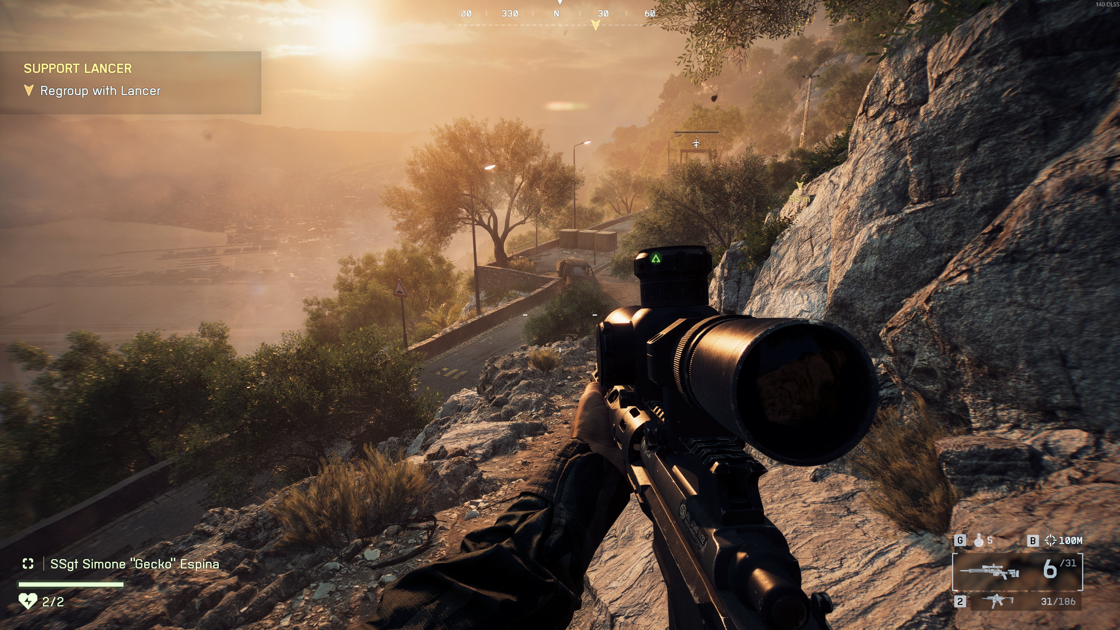 A screenshot from Battlefield 6, showing the player character wielding a sniper rifle as they look across a sunlit vista