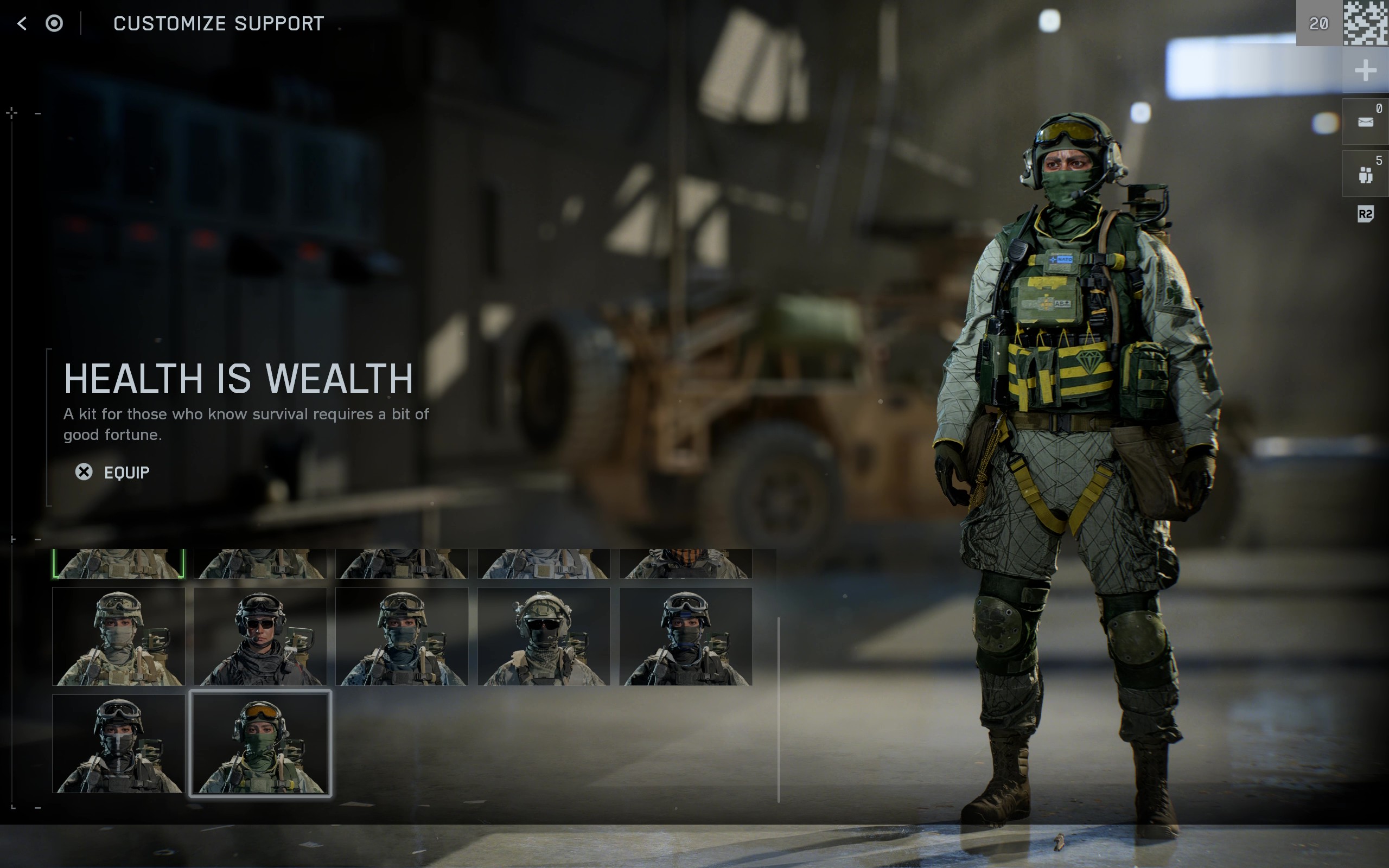 Battlefield 6 Season 1 skins: The Health is Wealth skin in the soldier customisation menu.