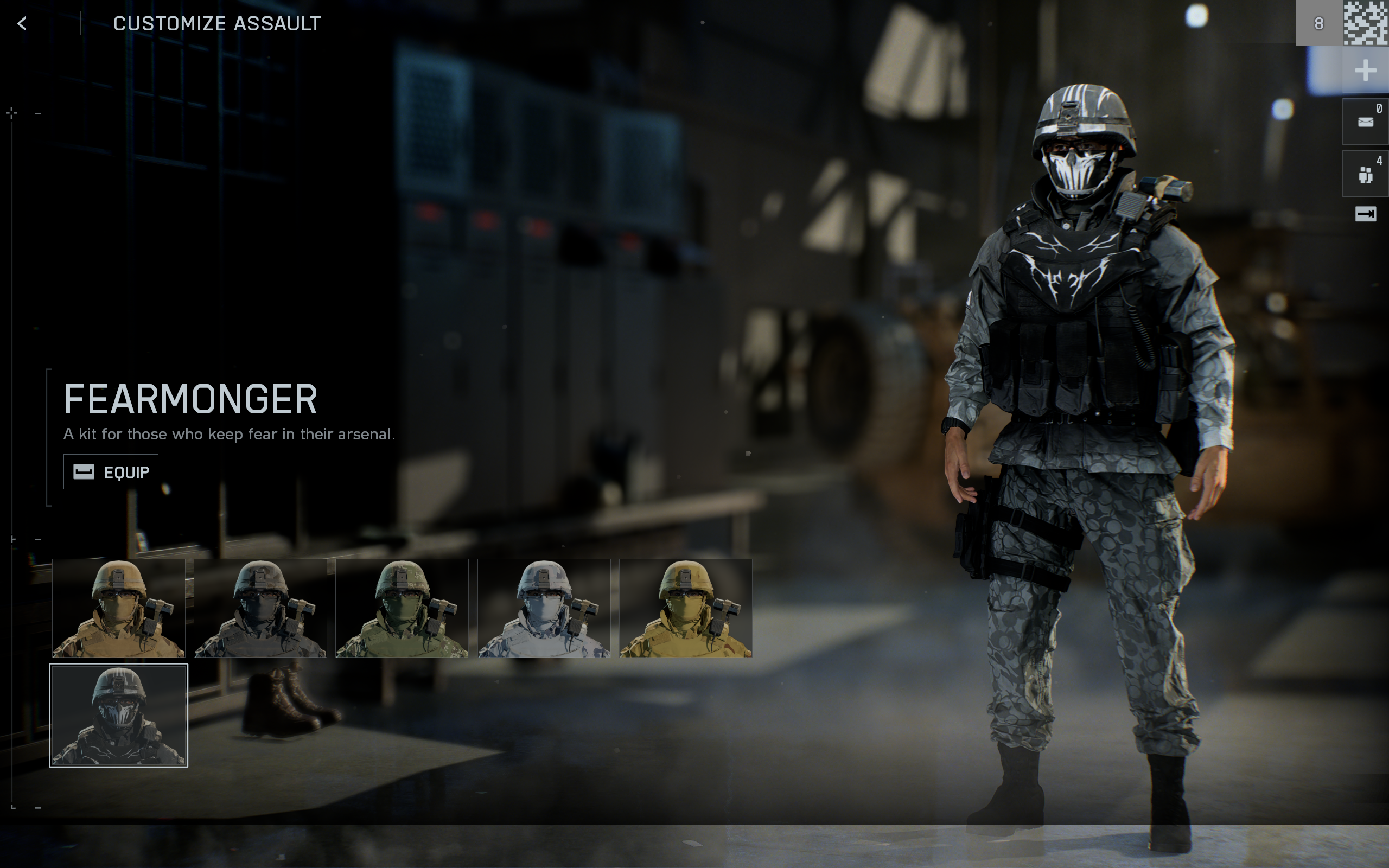 Battlefield 6 Season 1 skins: The Fearmonger skin in the soldier customisation menu.
