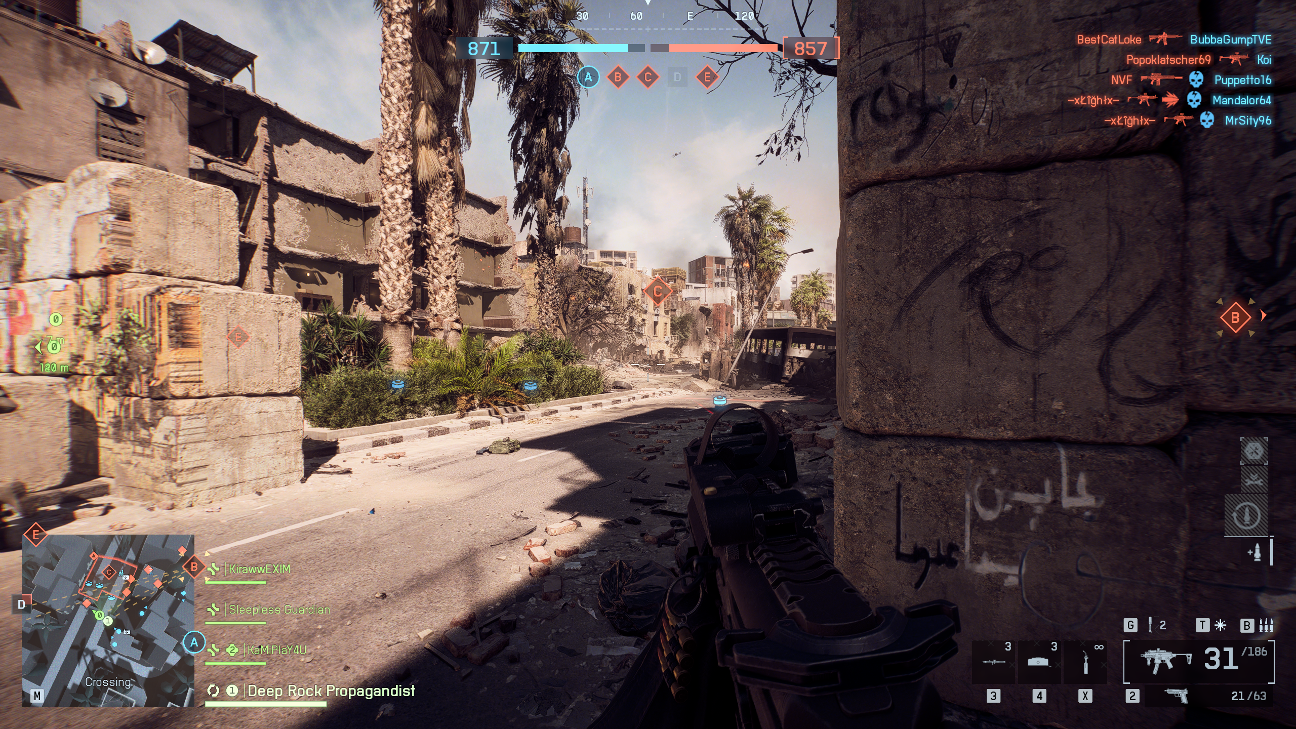 Battlefield 6: An image of gameplay showing the player looking down a partially destroyed street on the Siege of Cairo map.