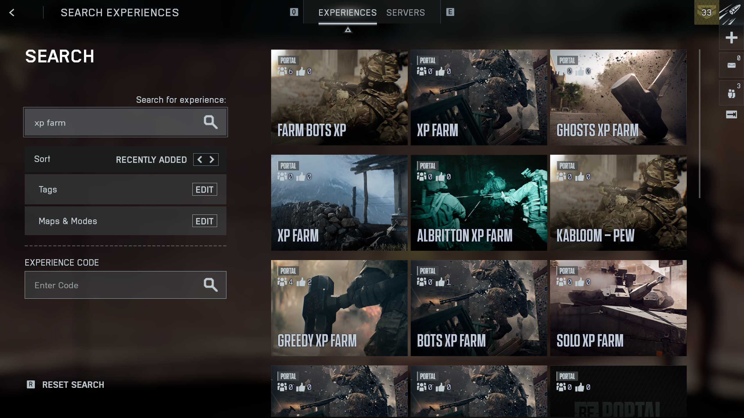 Battlefield 6 XP farm: The experiences page in Portal, showing results for various bot XP farm templates.