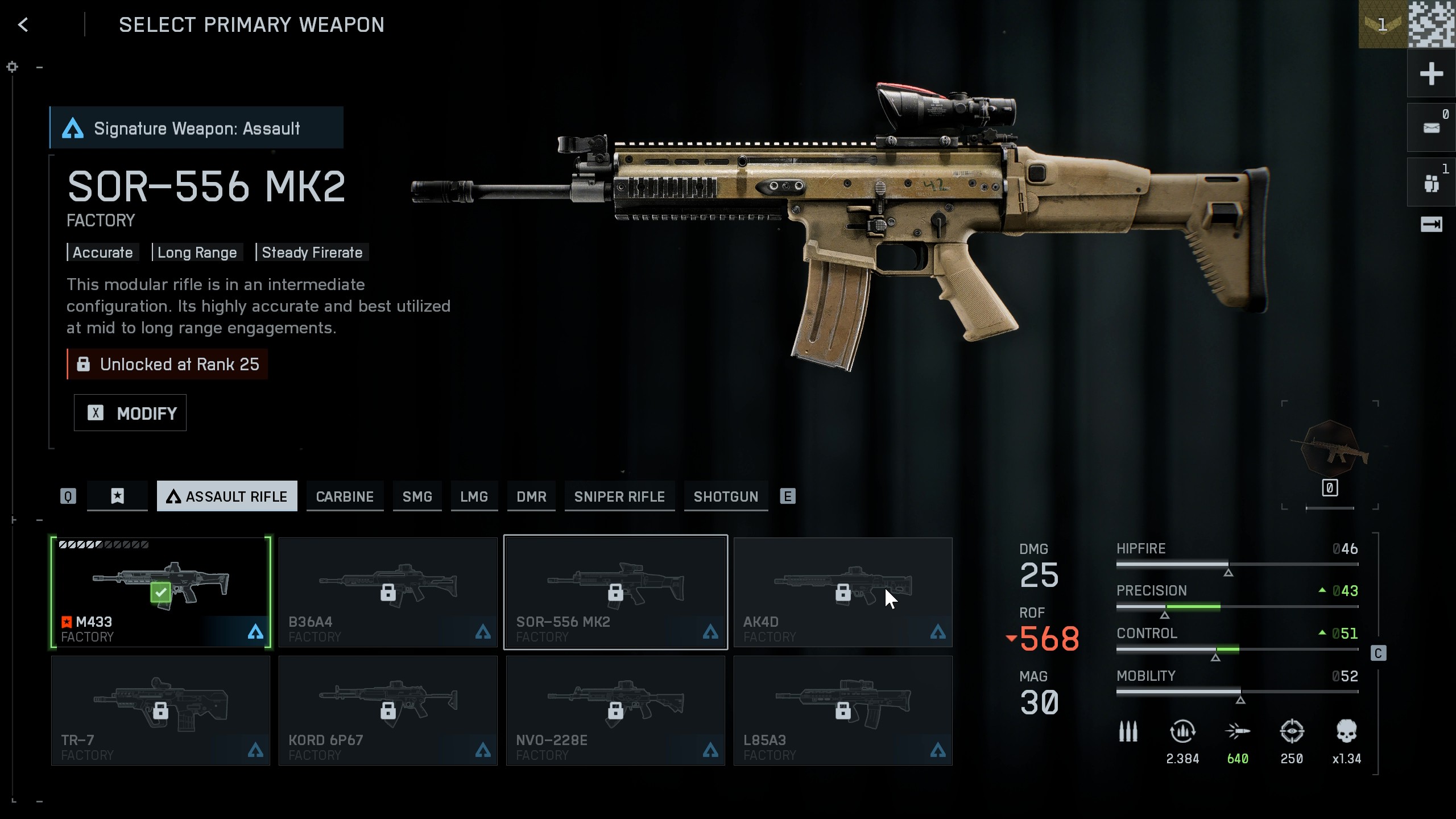Battlefield 6 guns: The SOR-556 MK2 in the weapon selection screen, showing various other assault rifles you could equip.