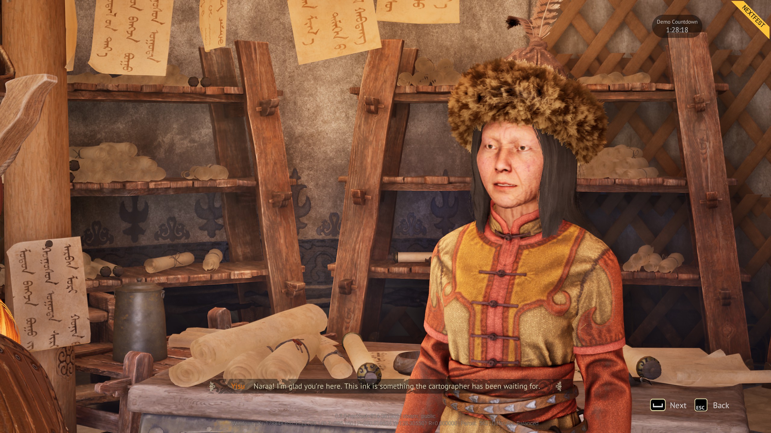 Chatting to a woman in a fur cap.