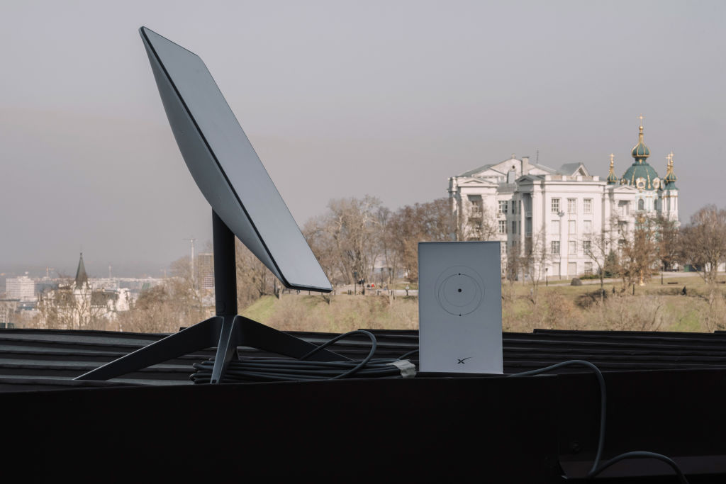 A Starlink antenna and router in Kyiv, Ukraine in 2025.