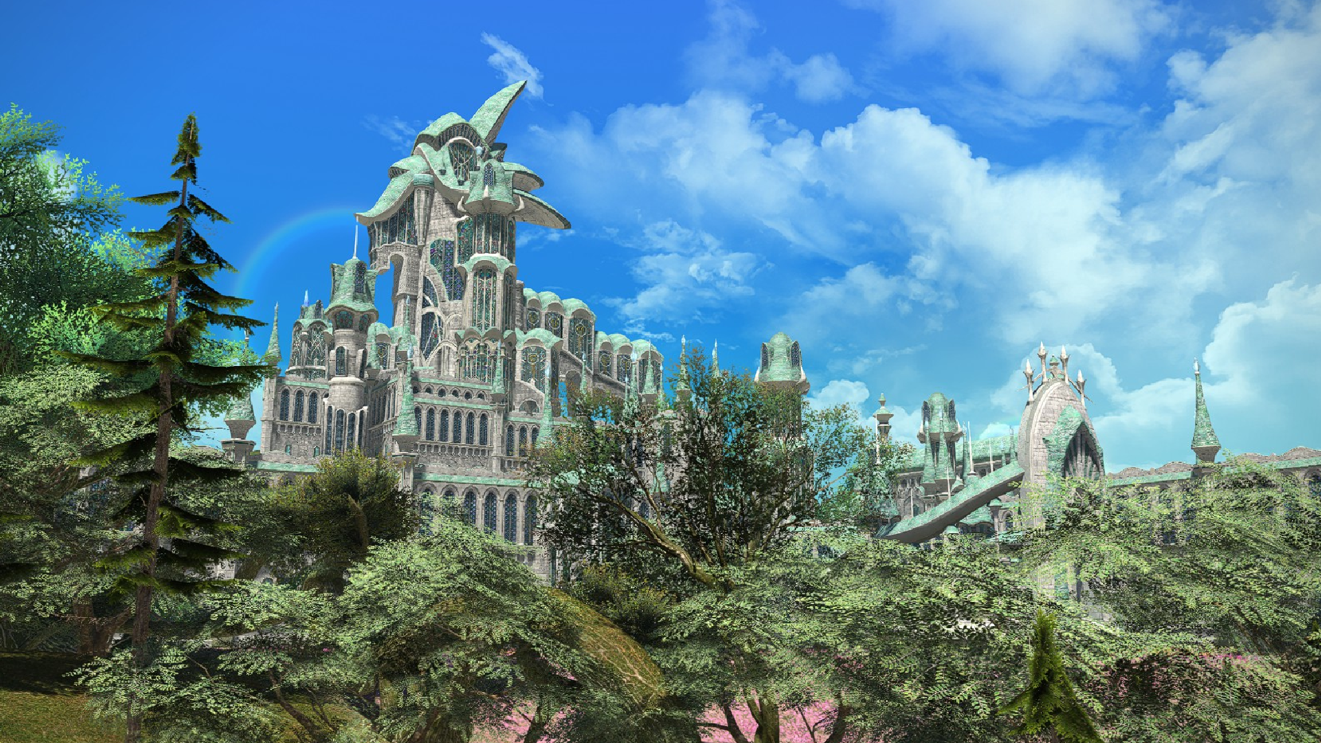 The beautiful spires of the Pilgrim's Traverse rise above a thick woodland in Final Fantasy 14.