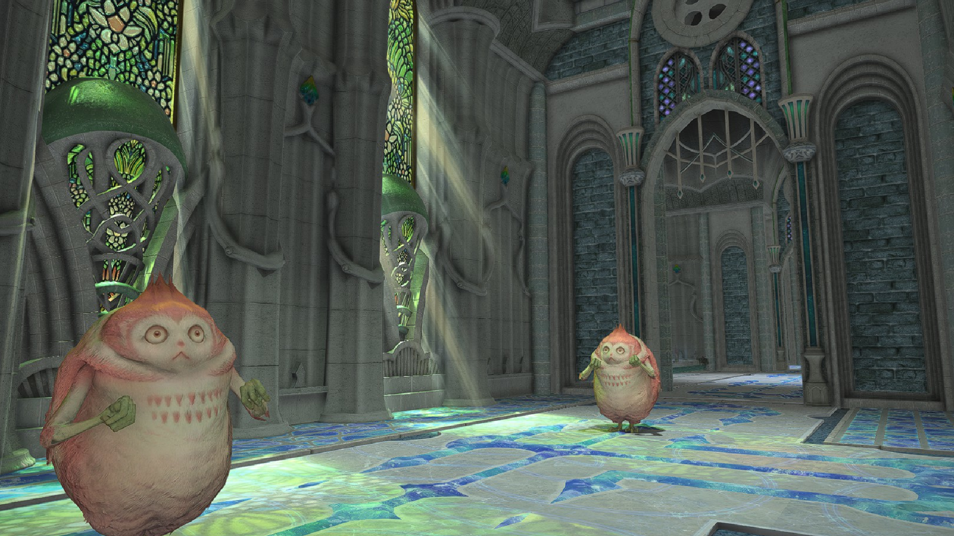 Two furry critters hop around the opening halls of Pilgrim's Traverse in Final Fantasy 14.