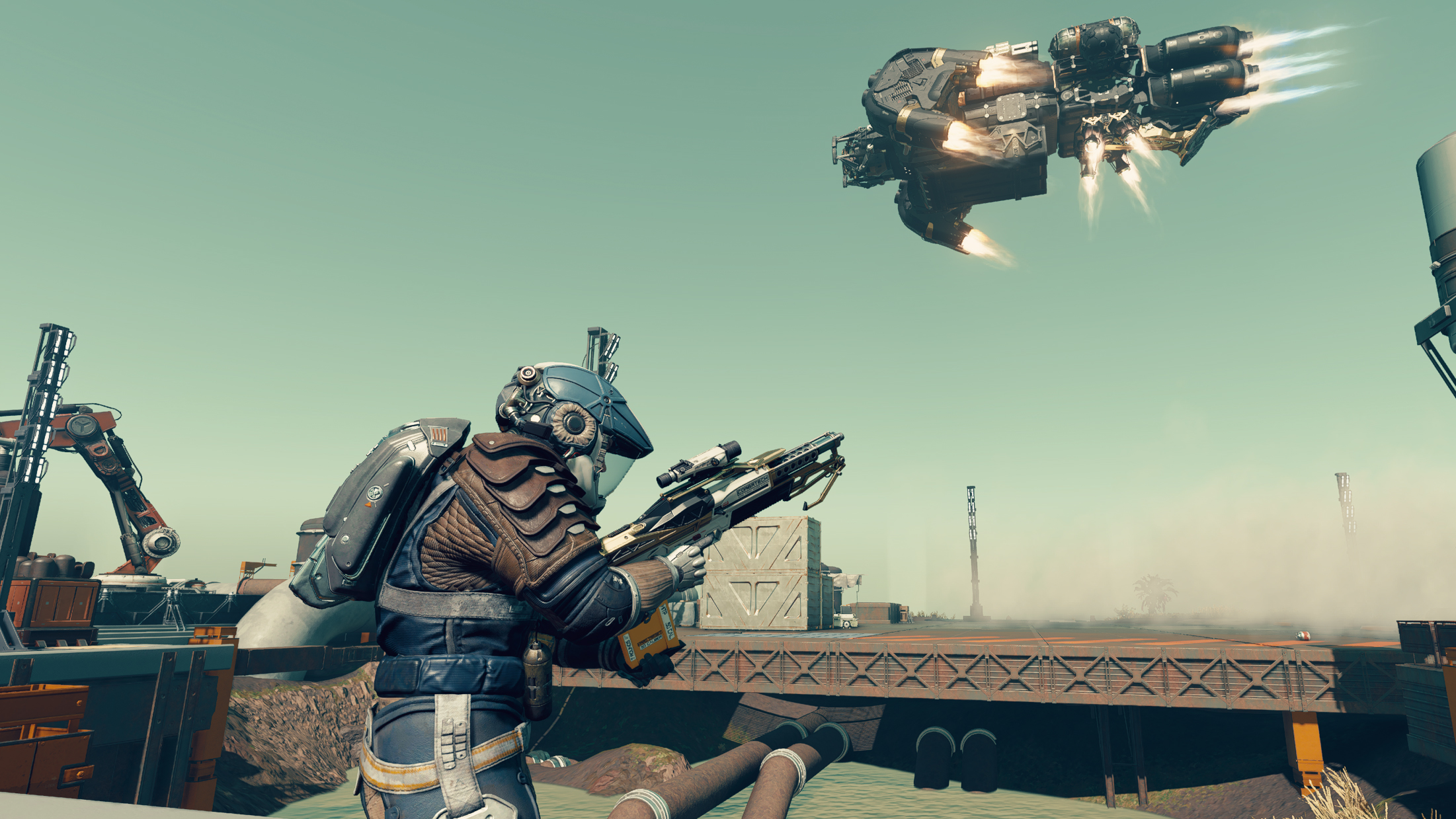 Starfield sci-fi game with spaceship