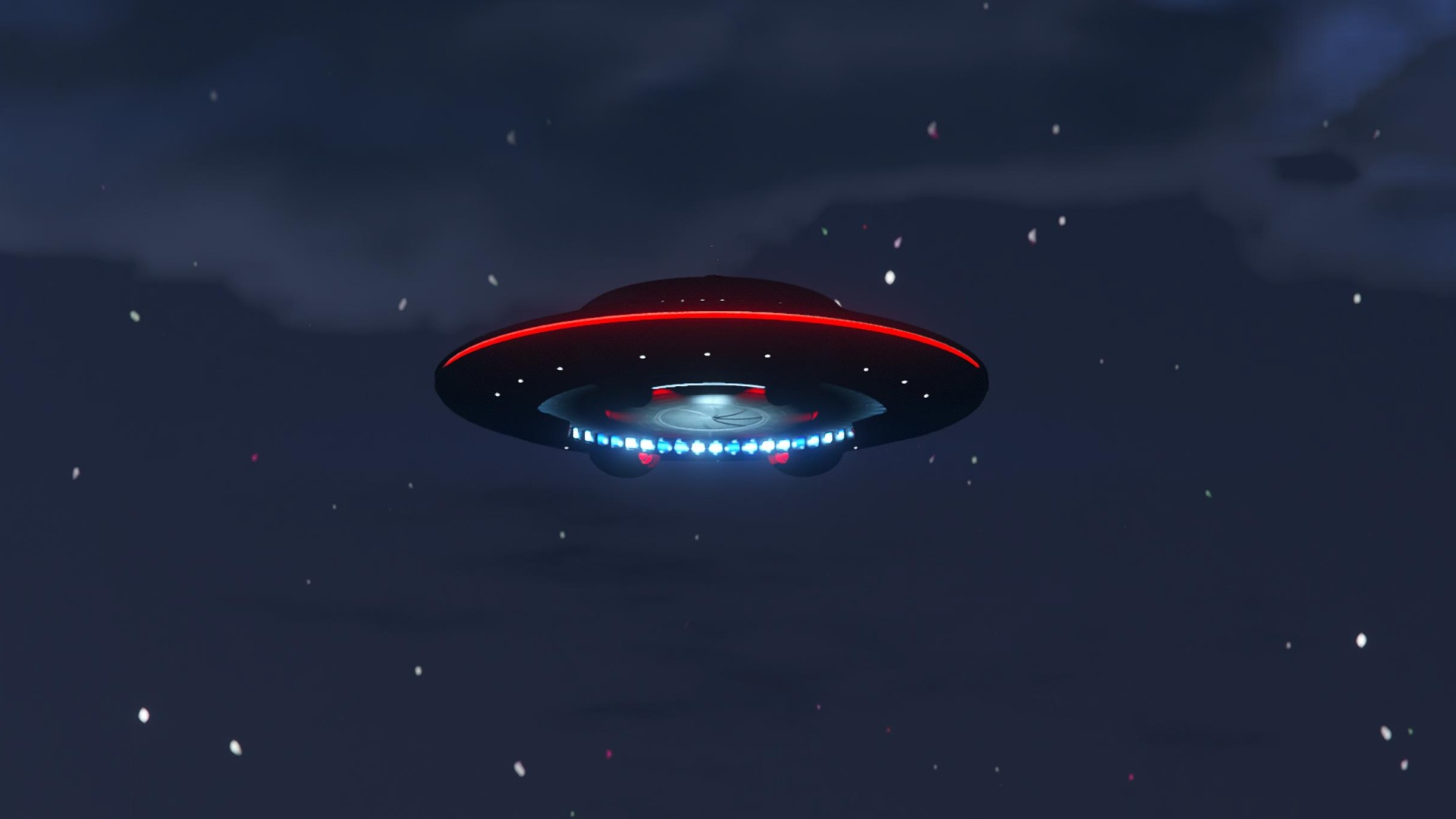 GTA Online Halloween Haunts - A flying saucer in the night sky with a red ring and lights
