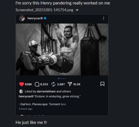 Henry Cavill bares rippling chest, powerful triceps, and deep-cut Planescape: Torment knowledge in new photo that inspires one PC Gamer editor to declare, ‘He just like me fr’