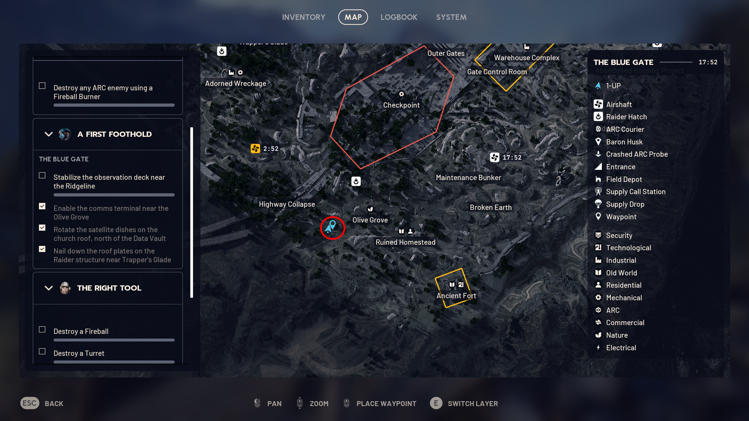 Arc Raiders A First Foothold: A map with a red circle showing the location of the quest step in the Olive Grove region of Blue Gate.