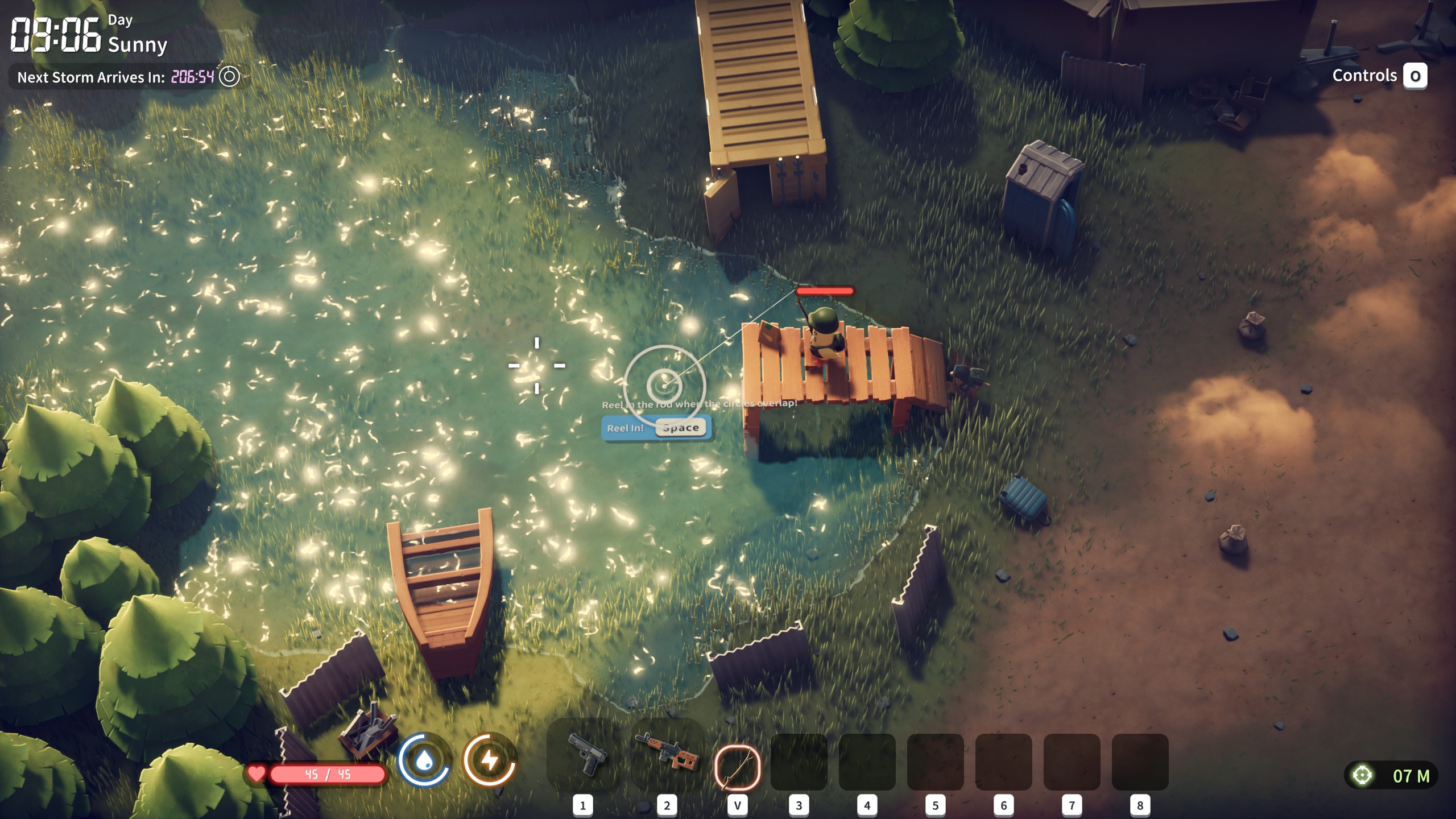 Escape From Duckov - A duck casts a fishing line into a pond while two grey circles in the interface line up.