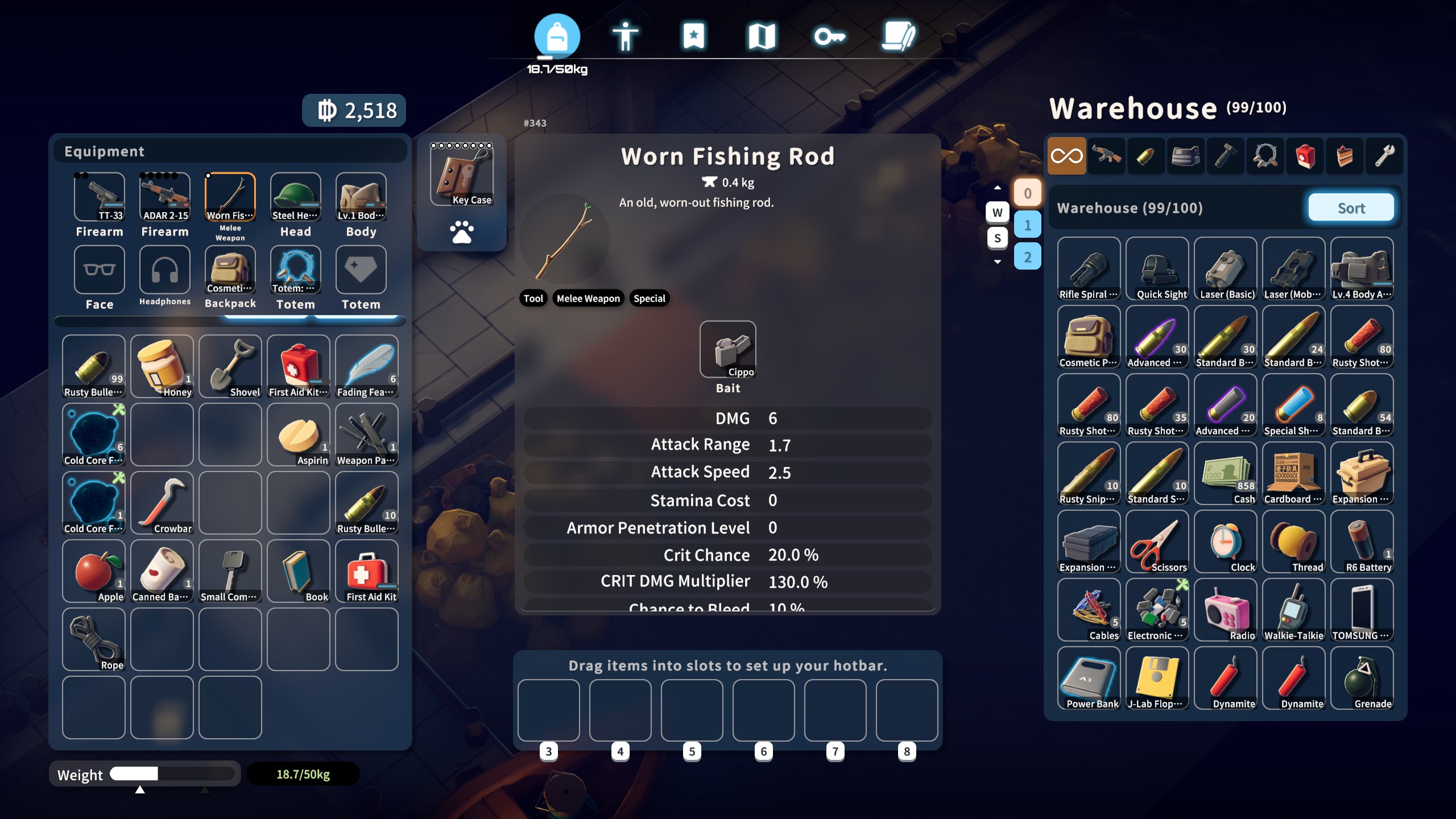 Escape From Duckov - An inventory sceren for a worn fishing rod showing a lighter equipped as bait.