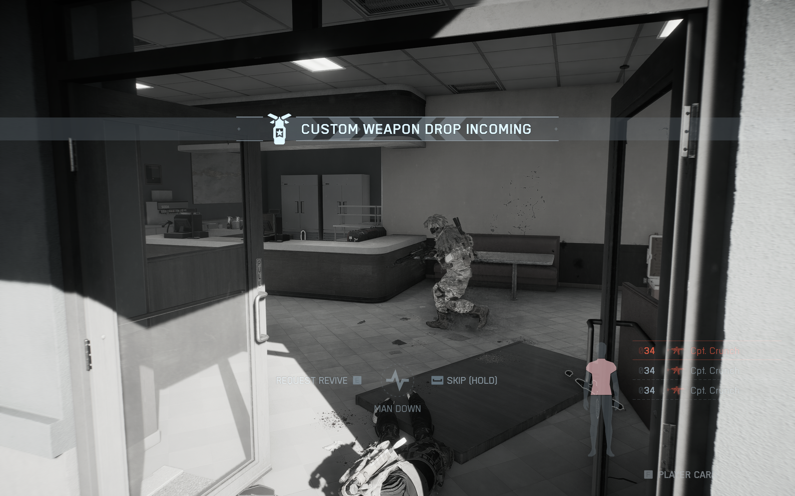 Battlefield Redsec custom loadout weapons: An event message announcing that a custom weapon drop is incoming, while the player is dead.