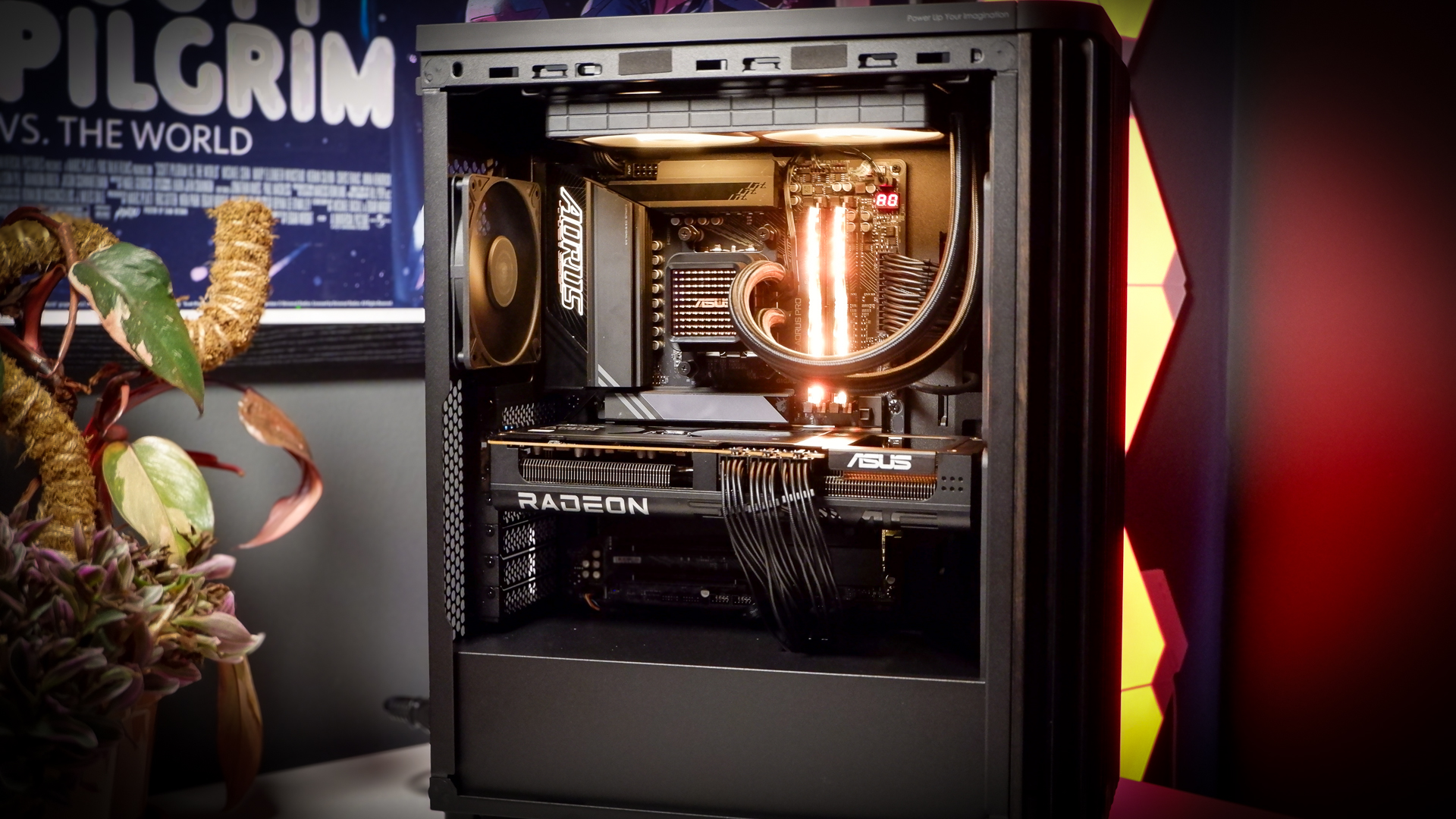 A gaming PC in the process of being built, using Radeon and Ryzen components and an Asus Pro Art PA401 PC case.