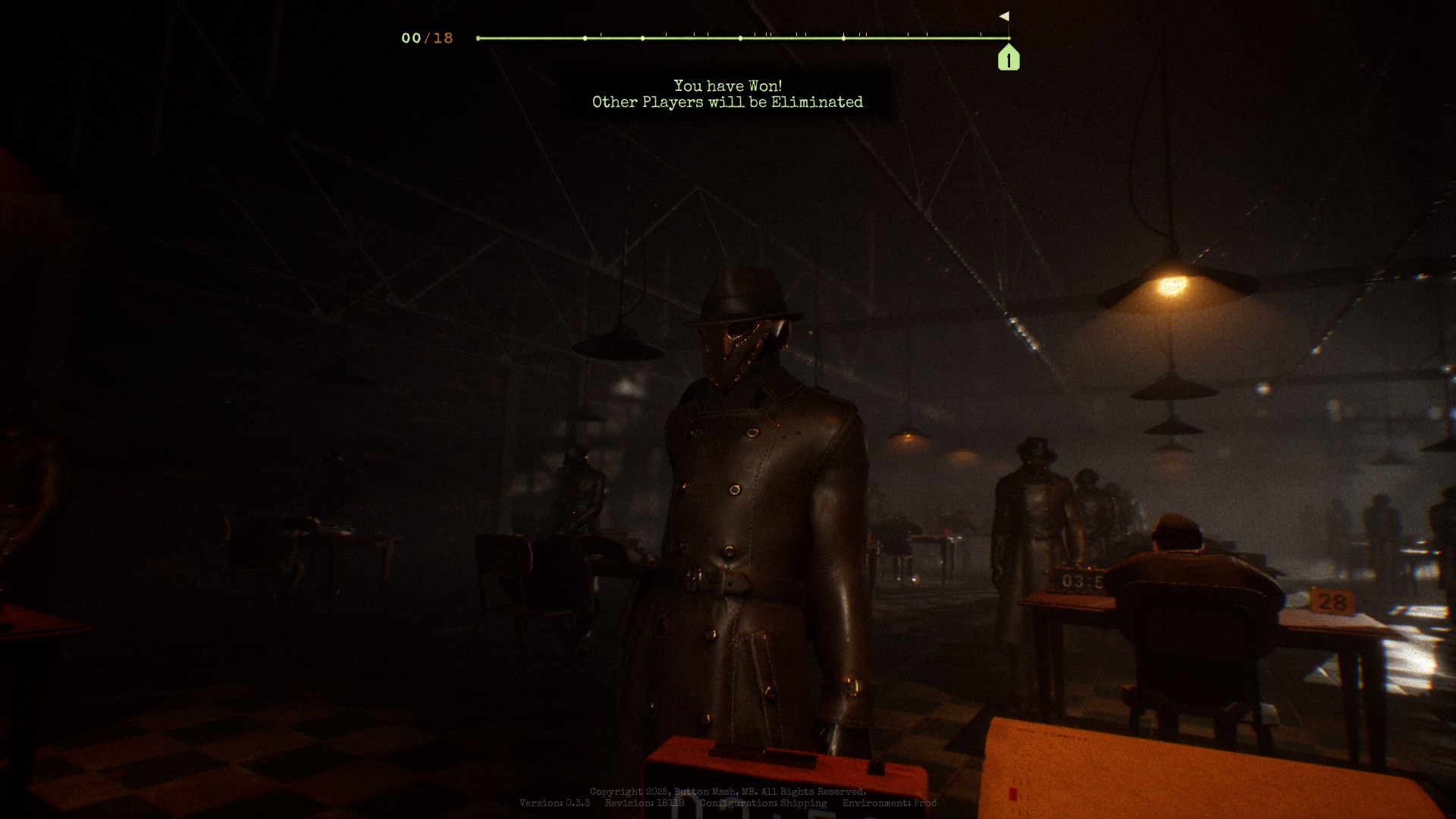 Screenshots from Final Sentence, a battle royale typing game where you need to avoid being shot in a warehouse.