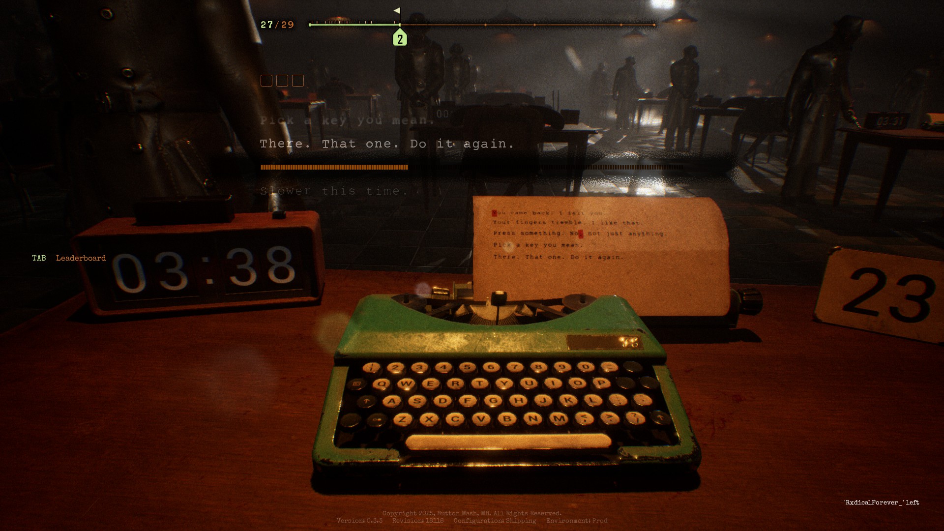 Screenshots from Final Sentence, a battle royale typing game where you need to avoid being shot in a warehouse.