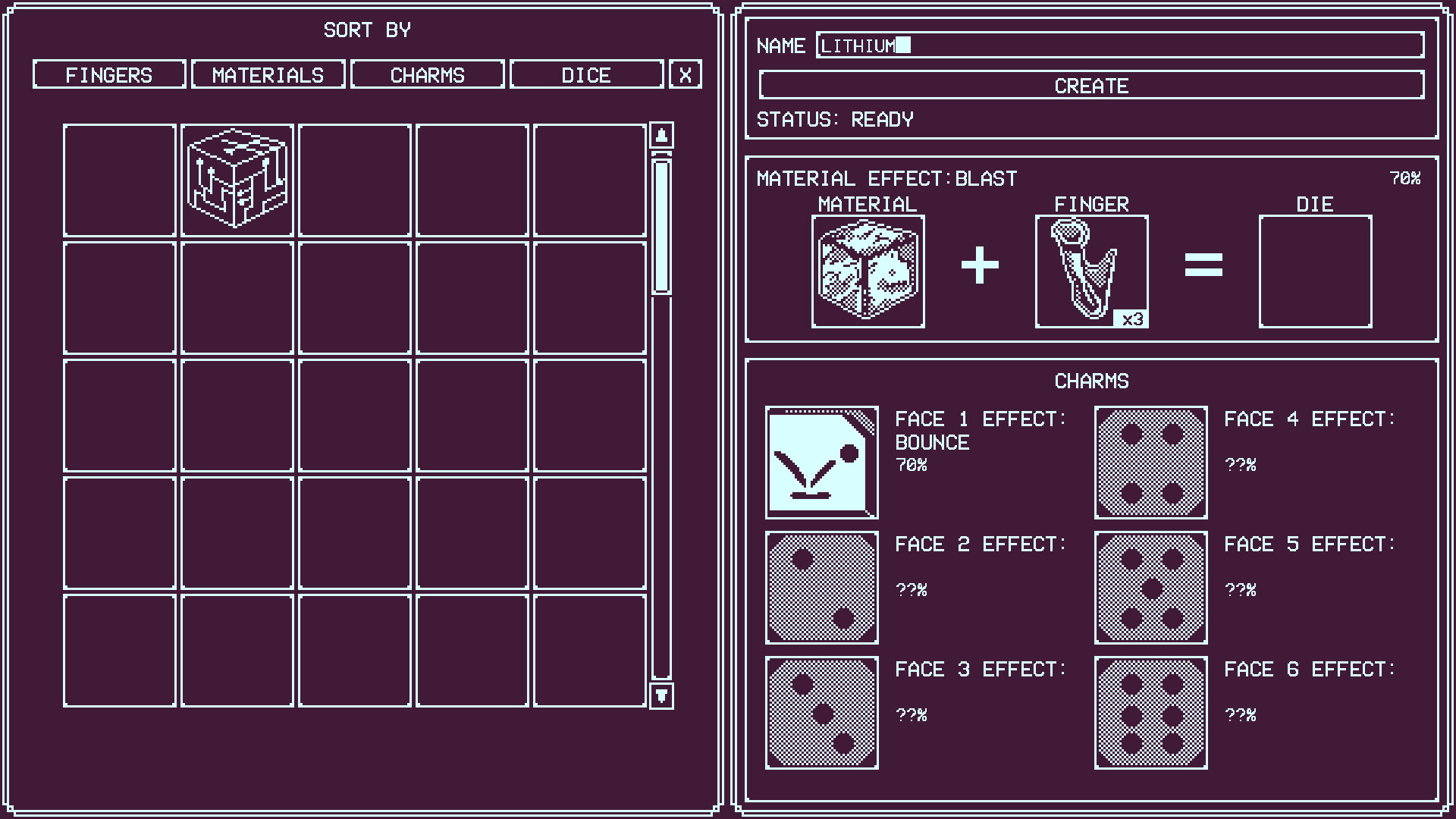 The dice crafting screen in Dead Finger Dice.