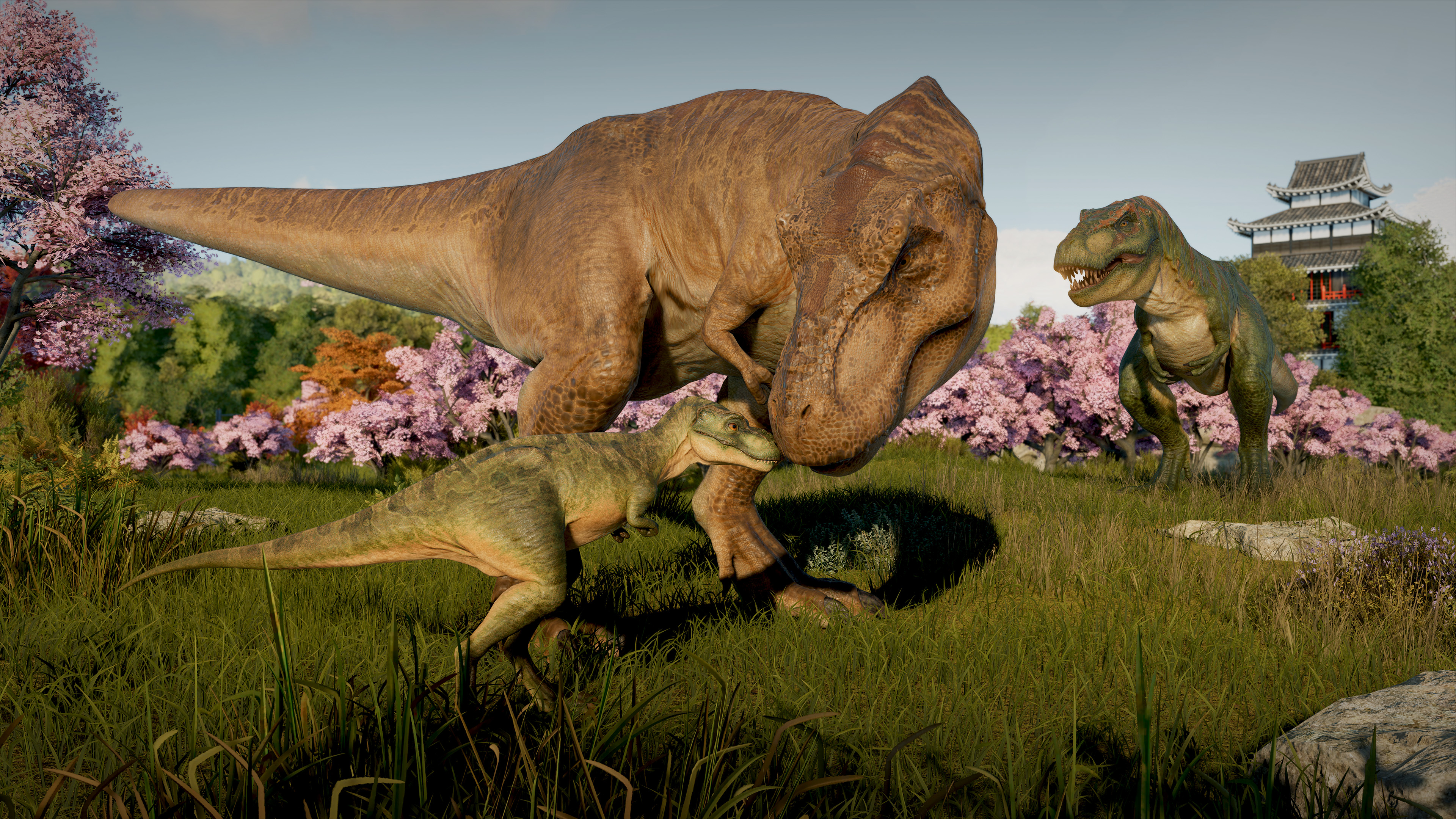 A T. rex with its baby in in Jurassic World Evolution 3.