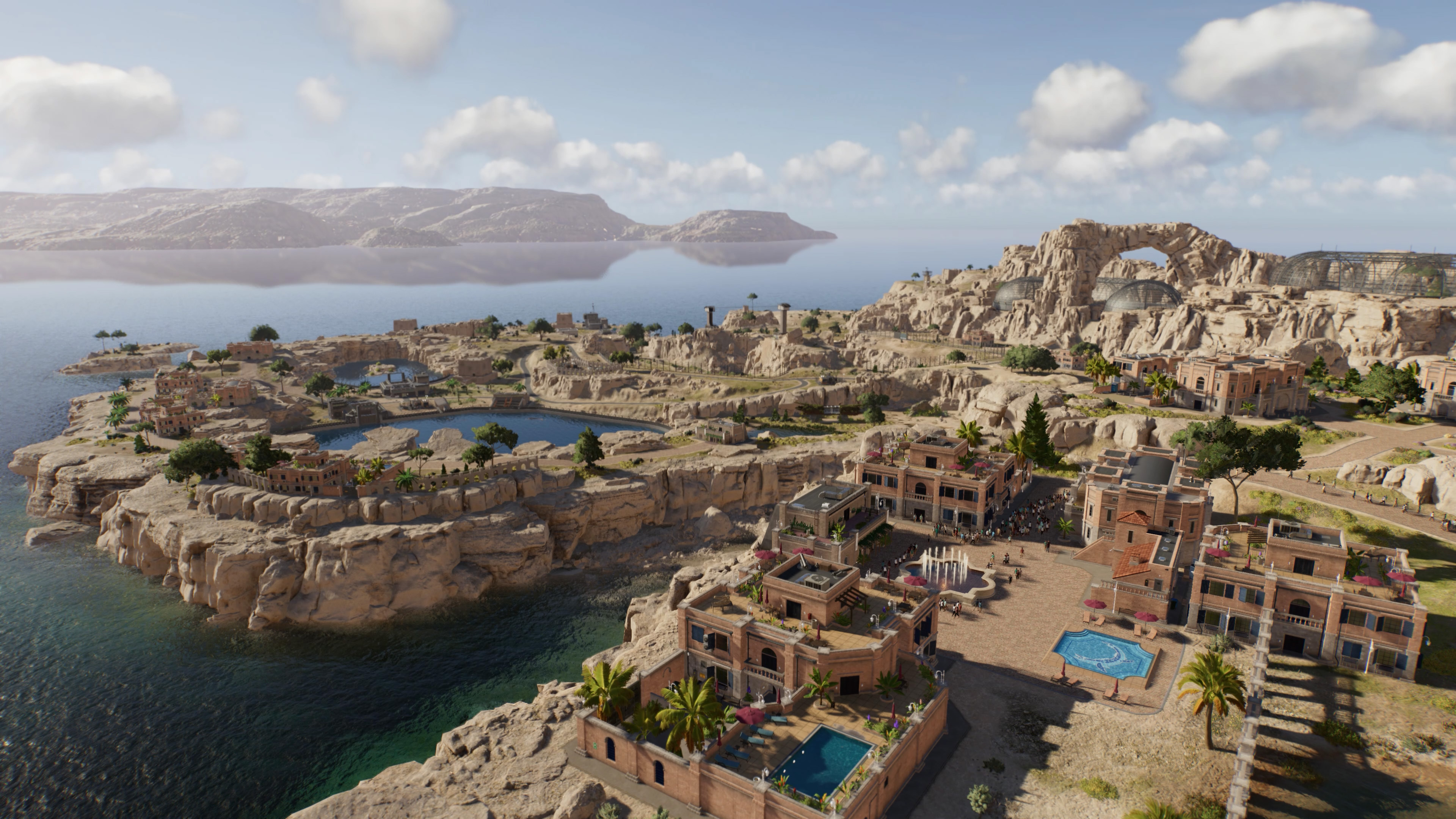 A coastal park in Jurassic World Evolution 3.