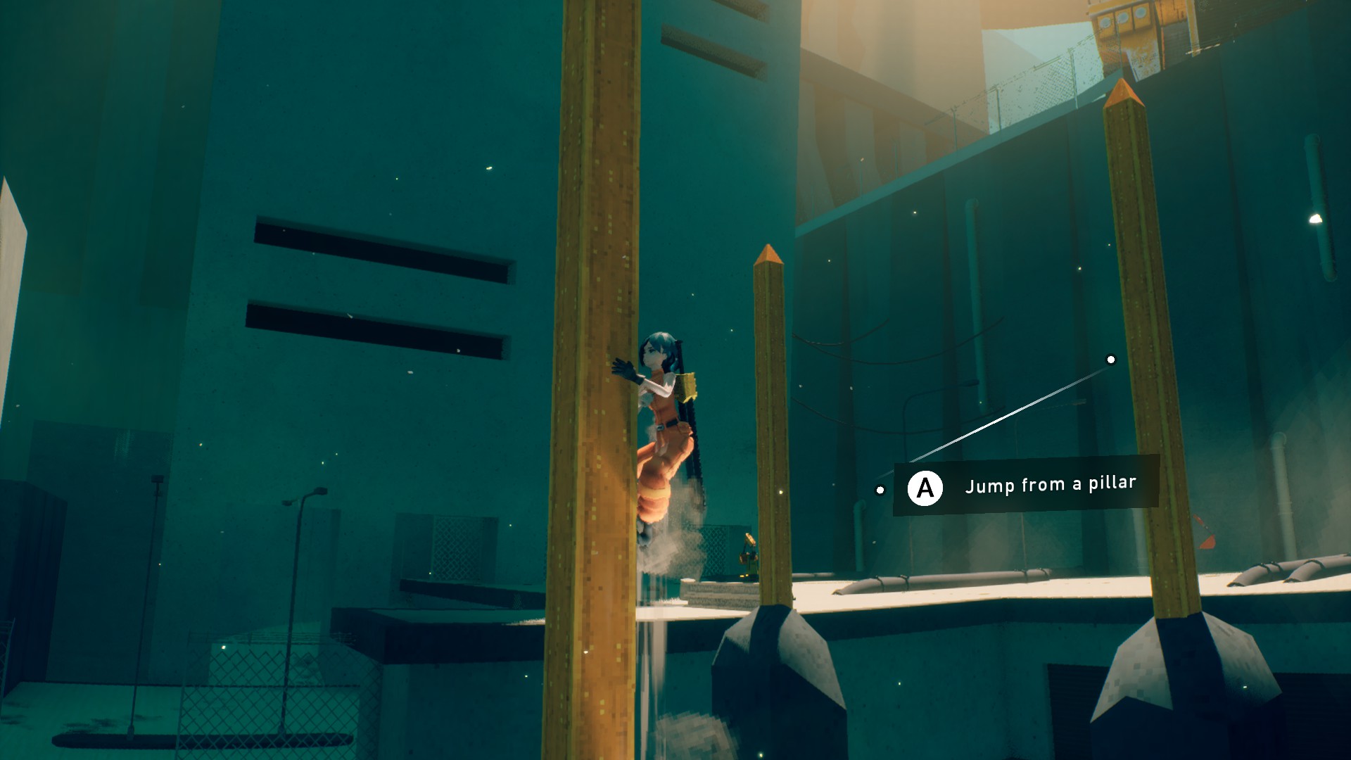 Various pictures of P, from Motorslice, jumping across a sprawling brutalist megastructure.