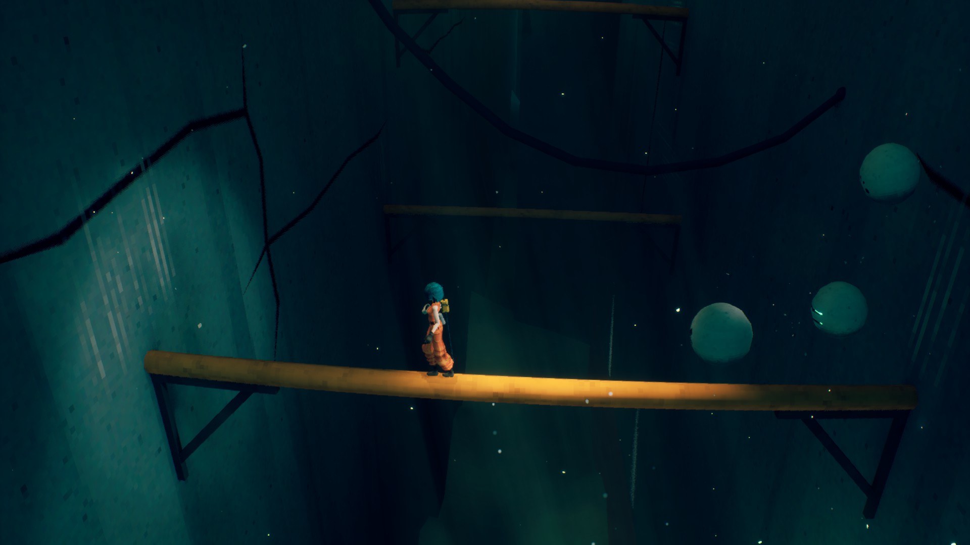 Various pictures of P, from Motorslice, jumping across a sprawling brutalist megastructure.