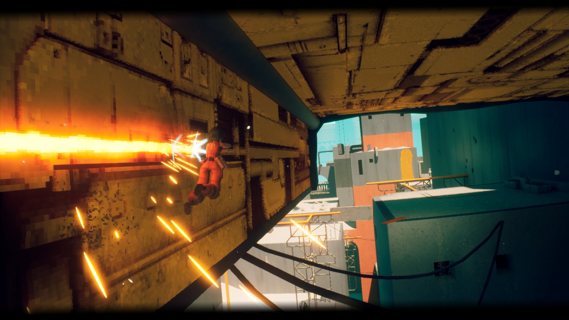 Various pictures of P, from Motorslice, jumping across a sprawling brutalist megastructure.