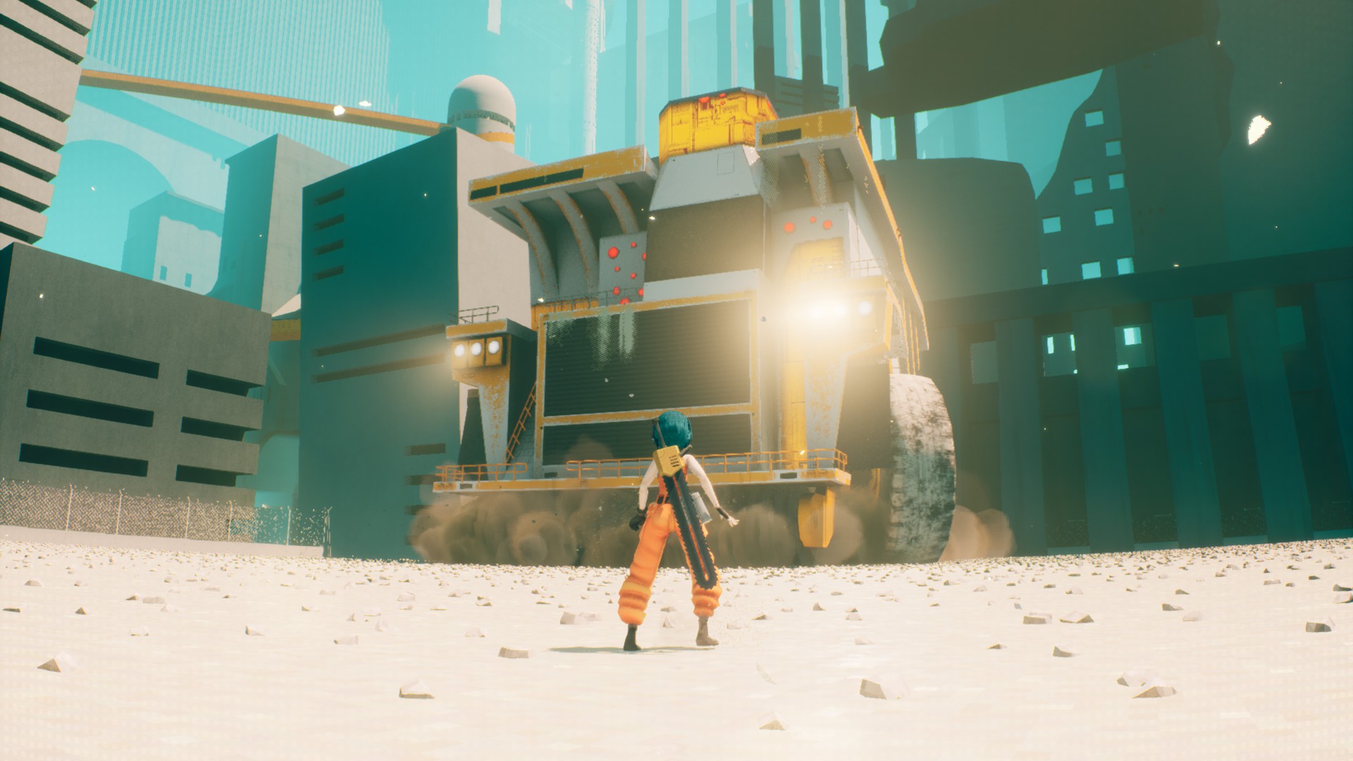 Various pictures of P, from Motorslice, jumping across a sprawling brutalist megastructure.