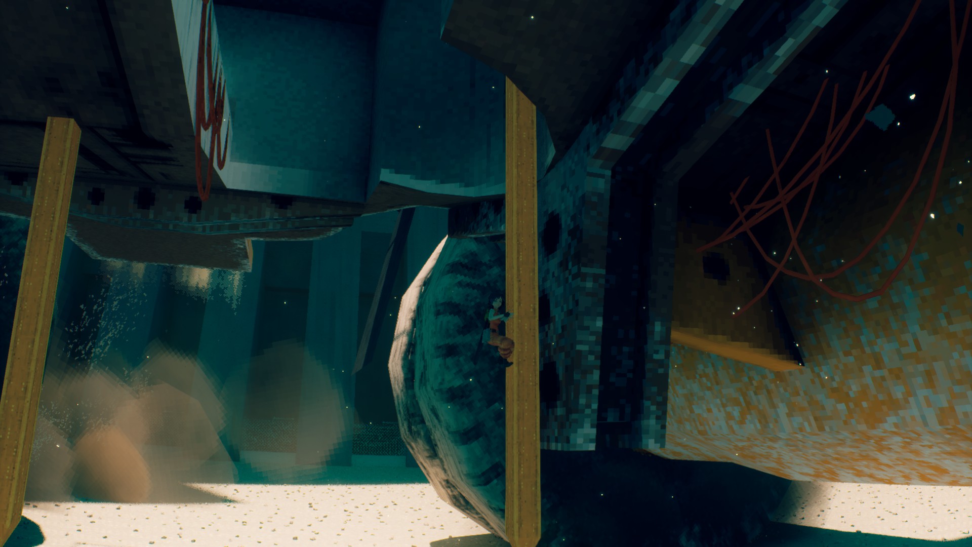 Various pictures of P, from Motorslice, jumping across a sprawling brutalist megastructure.